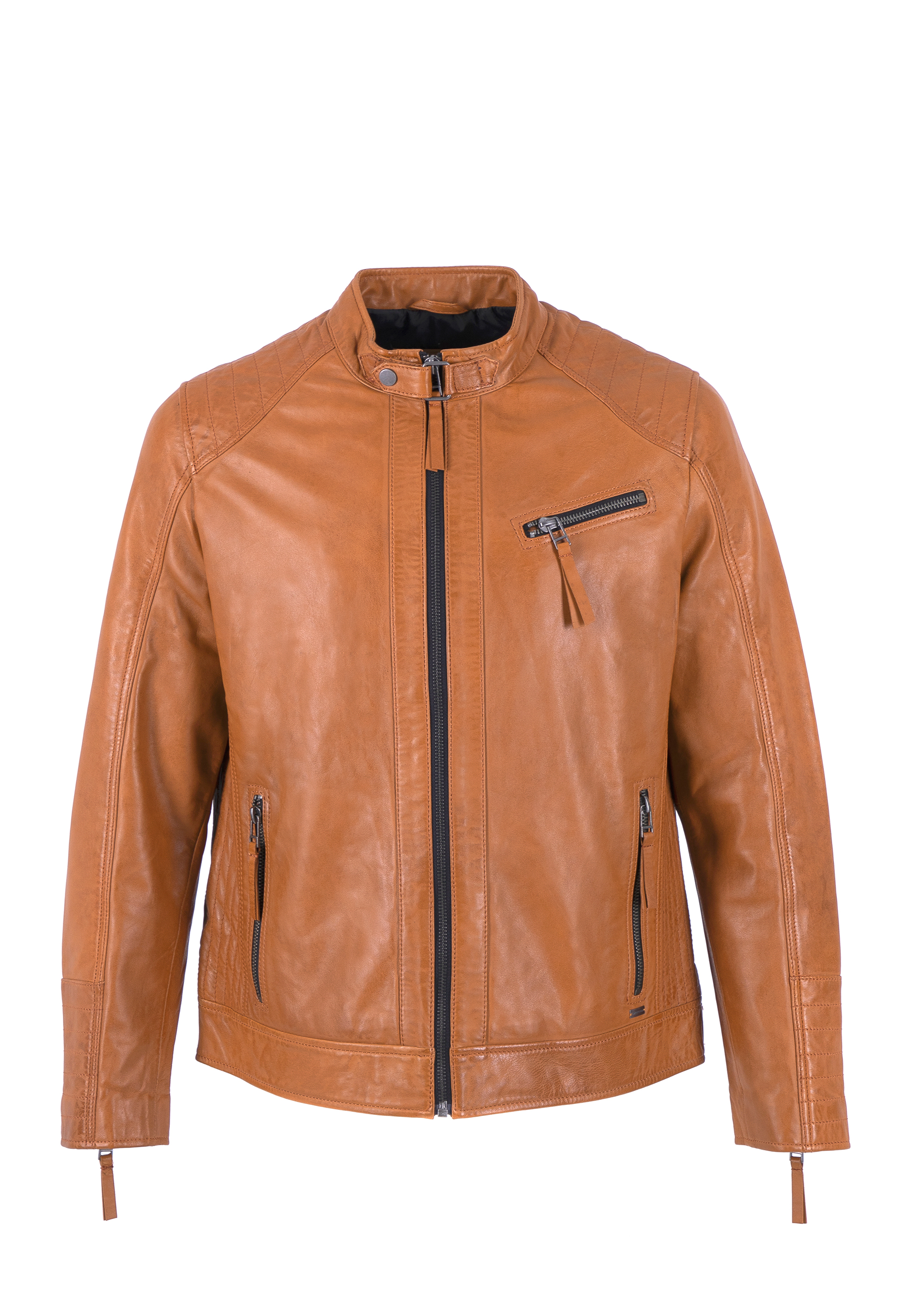 Męska kurtka skórzana z pionowymi przeszyciami i stójką