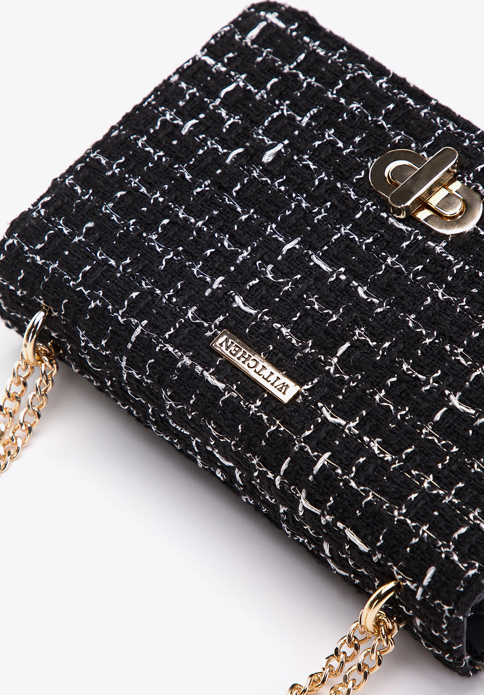 Damska minitorebka ze wstawką z tkaniny bouclé