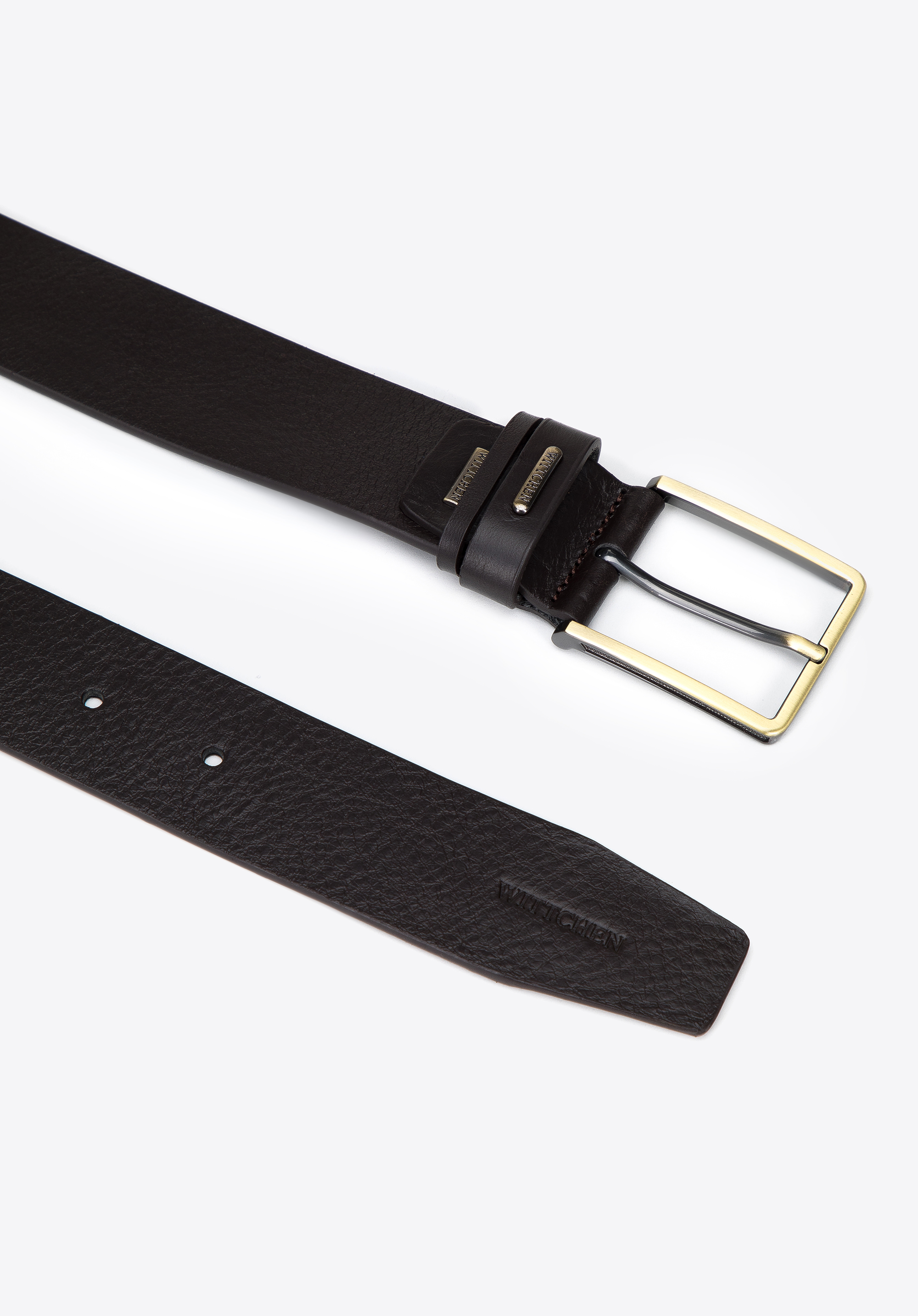 Męski pasek skórzany z tłoczoną klamrą i podwójną szlufką