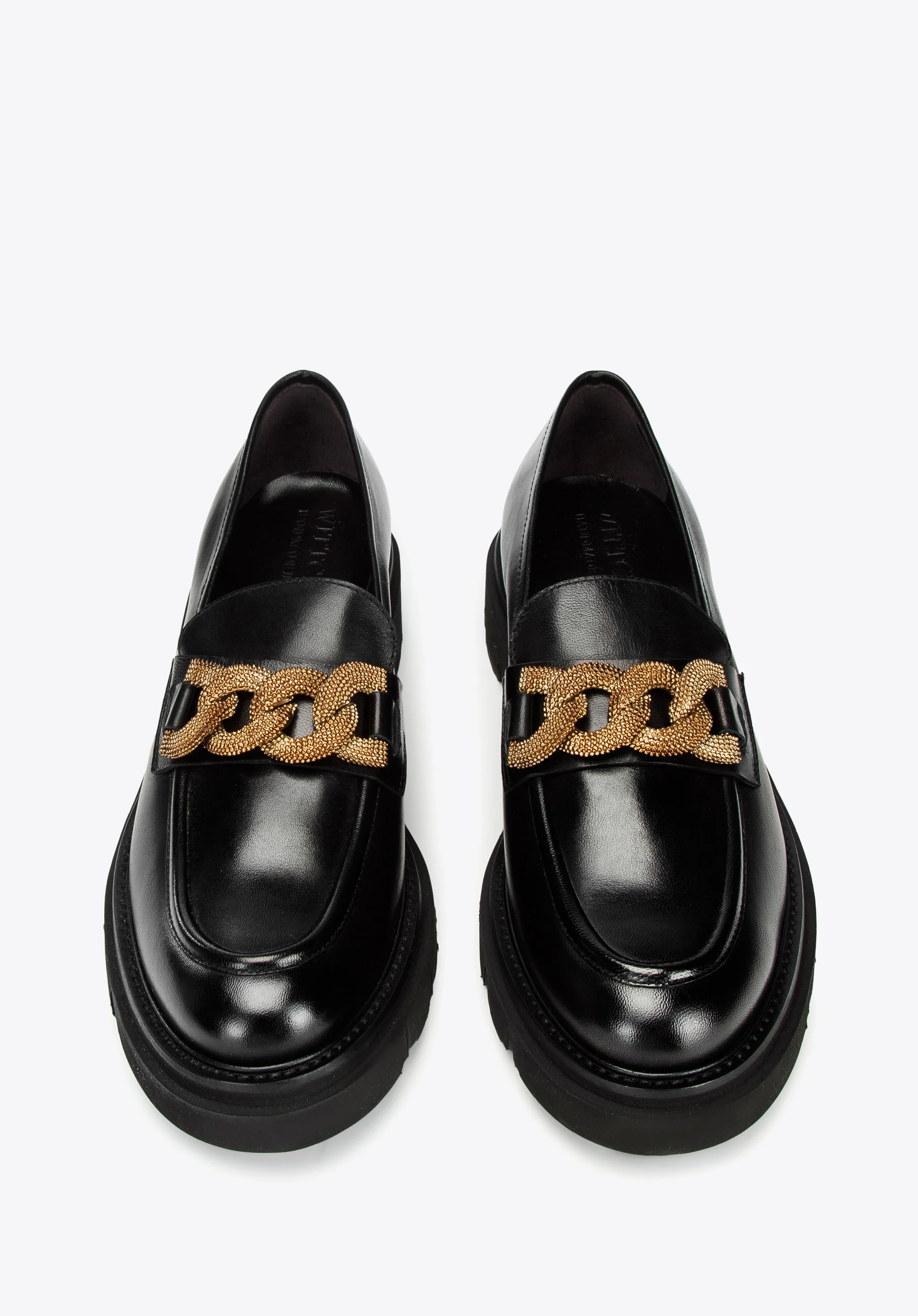 Damskie mokasyny skórzane z ozdobnym łańcuchem na platformie