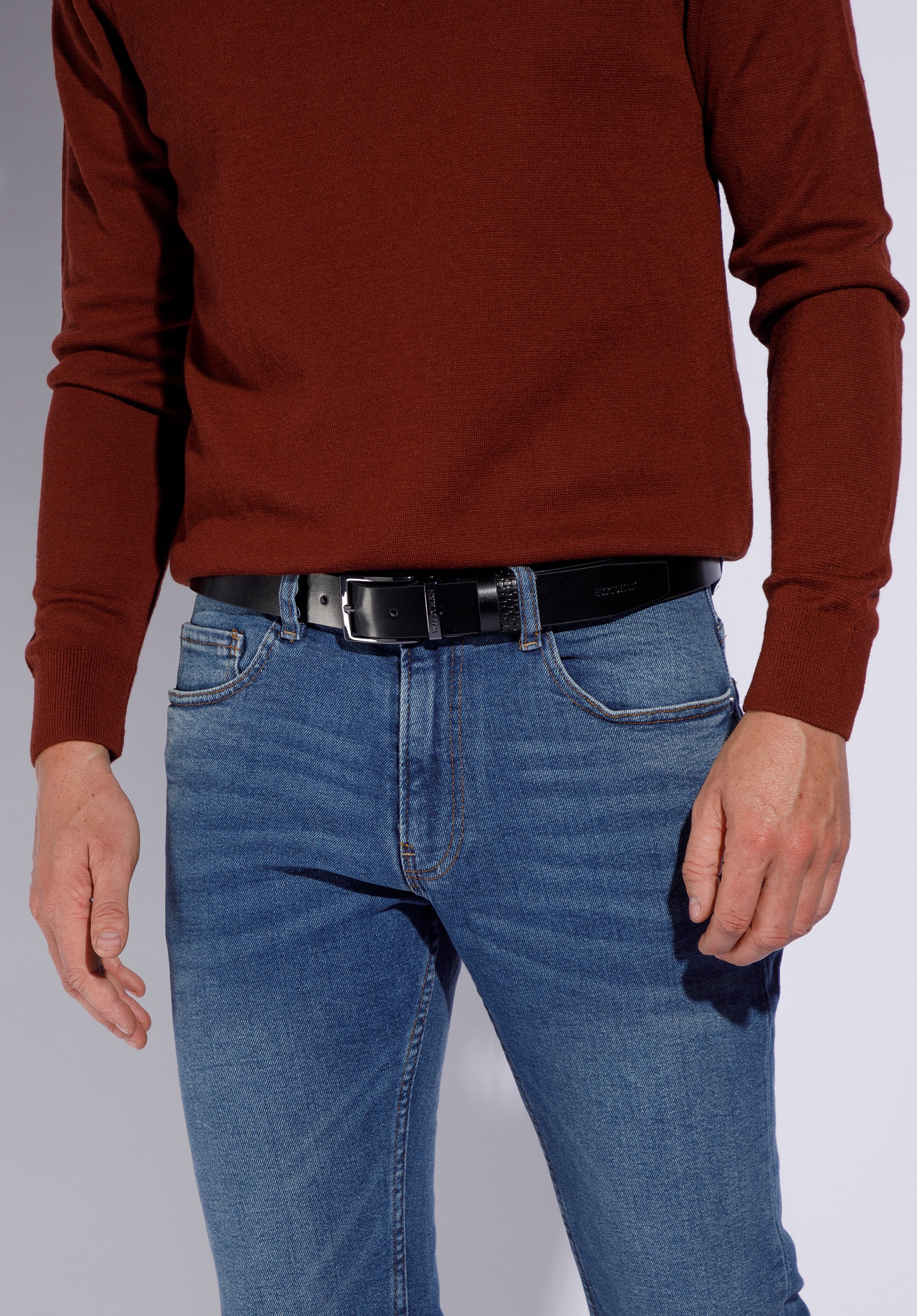 Męski pasek skórzany dwustronny z tłoczeniem w plecionkę