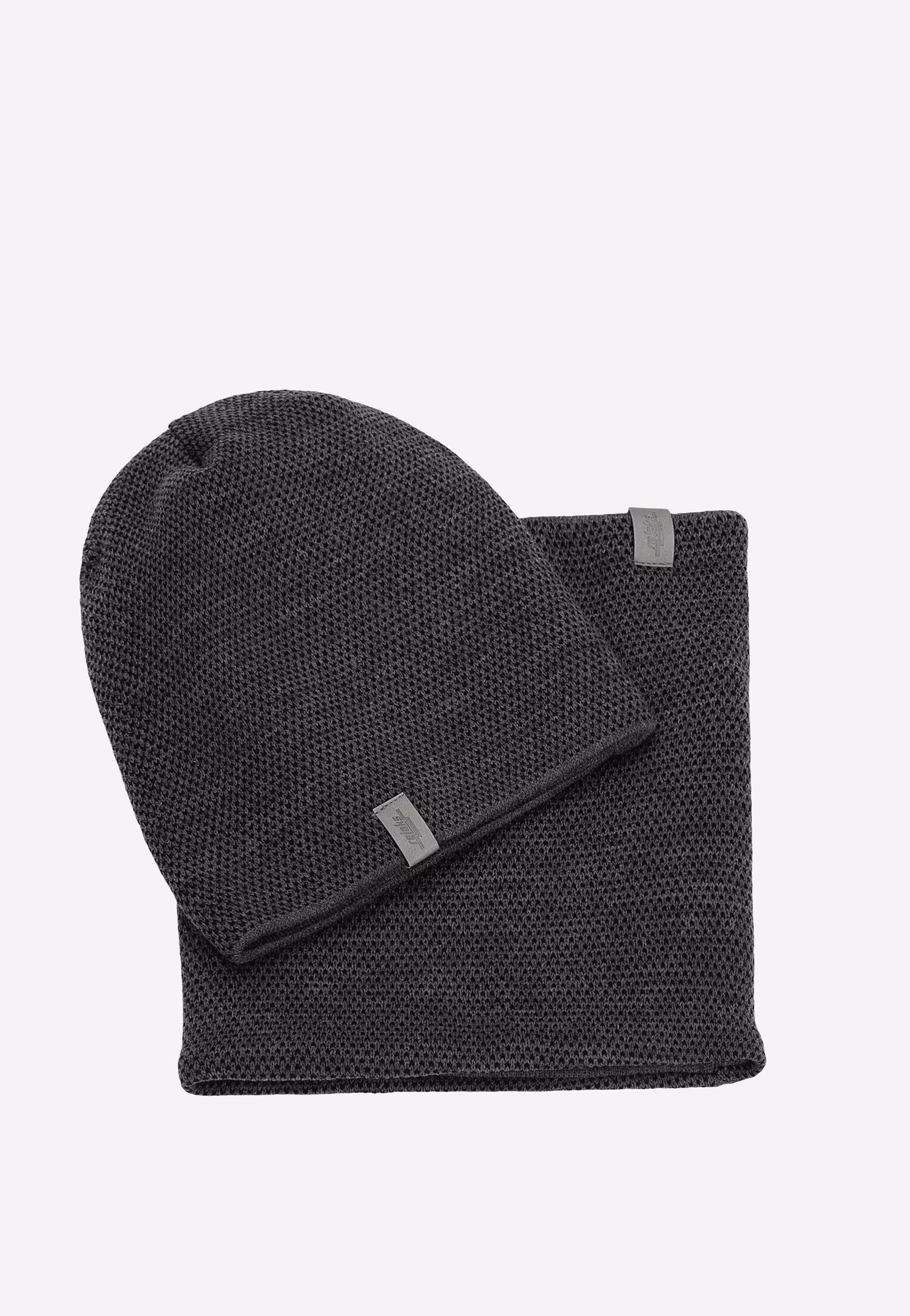 Czarno-popielaty zestaw z wełny merino czapka + komin z ciekawą fakturą