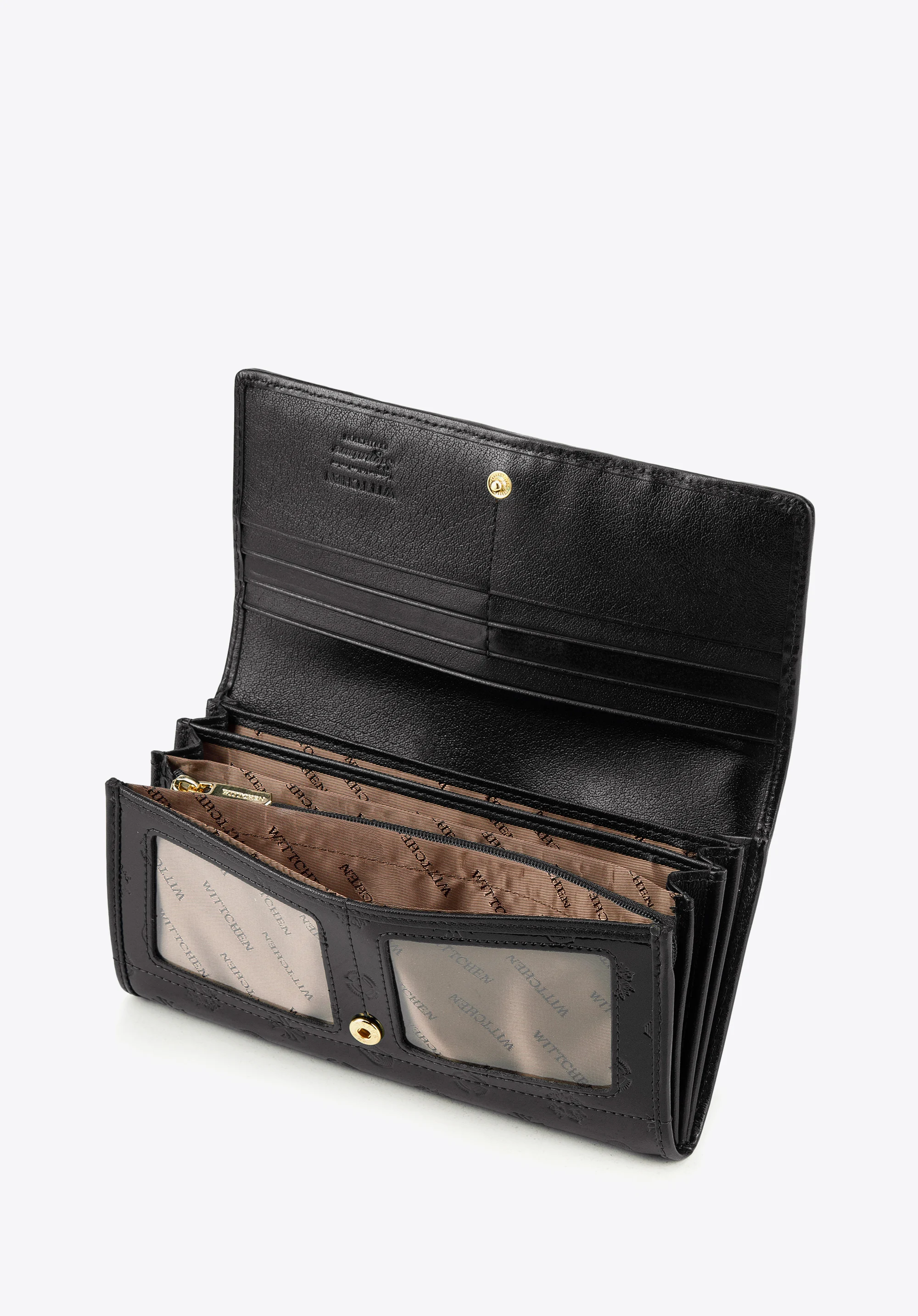 Damski portfel z lakierowanej skóry z monogramem i tasiemką