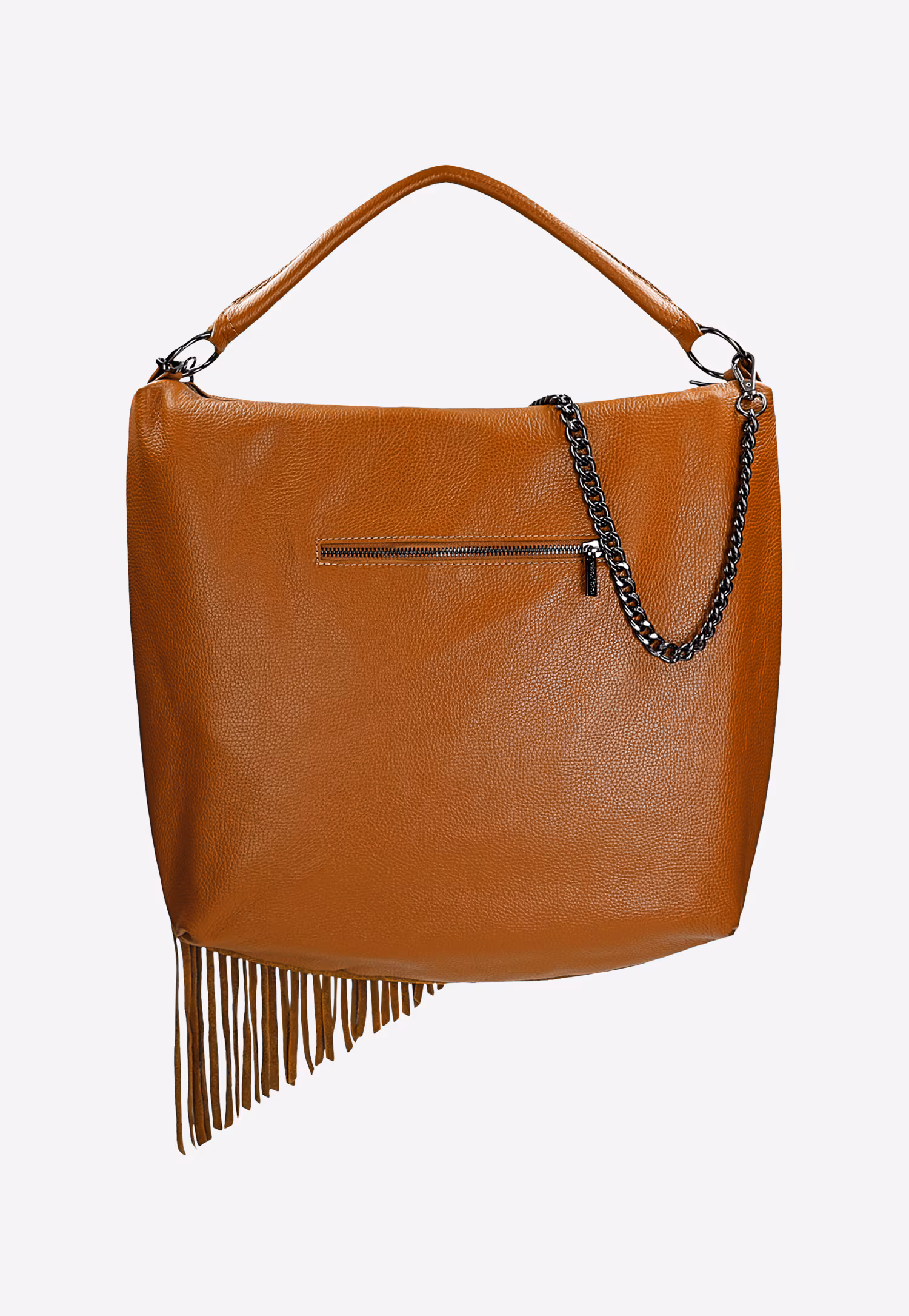 Jasnobrązowa skórzana torebka damska z frędzlami i łańcuchem