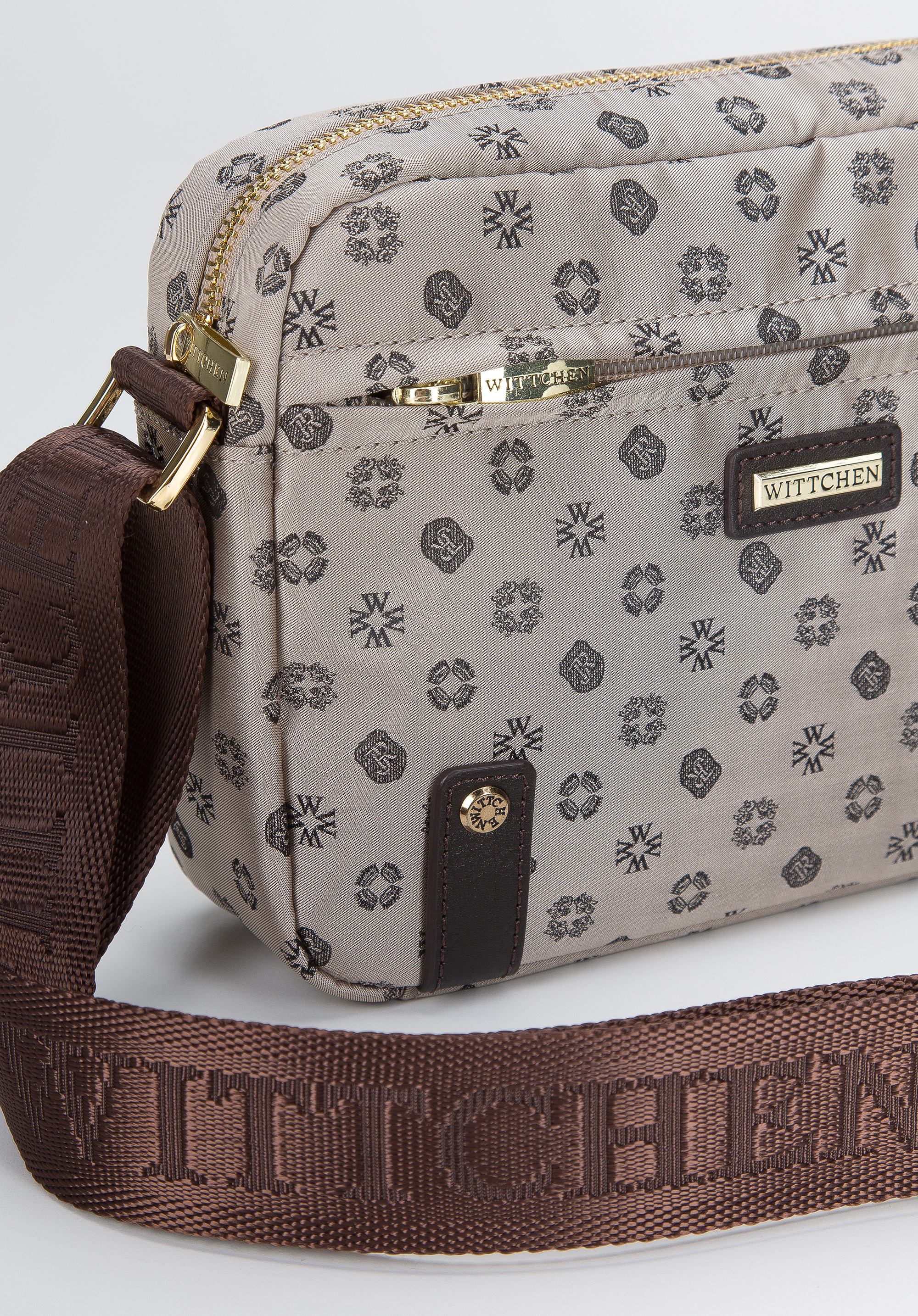 Damska torebka żakardowa z opaskami ze skóry pozioma