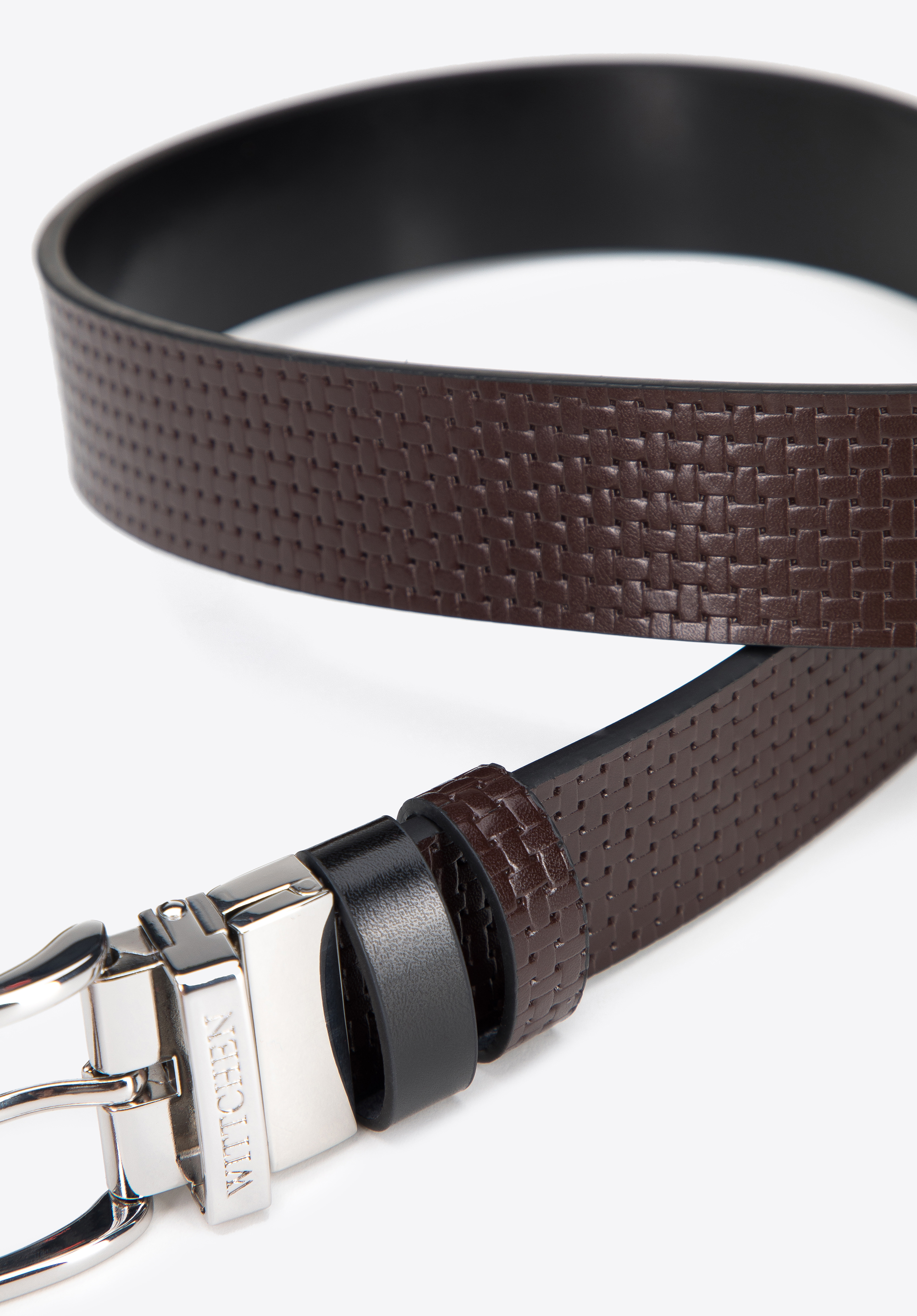 Męski pasek skórzany dwustronny z tłoczeniem w plecionkę