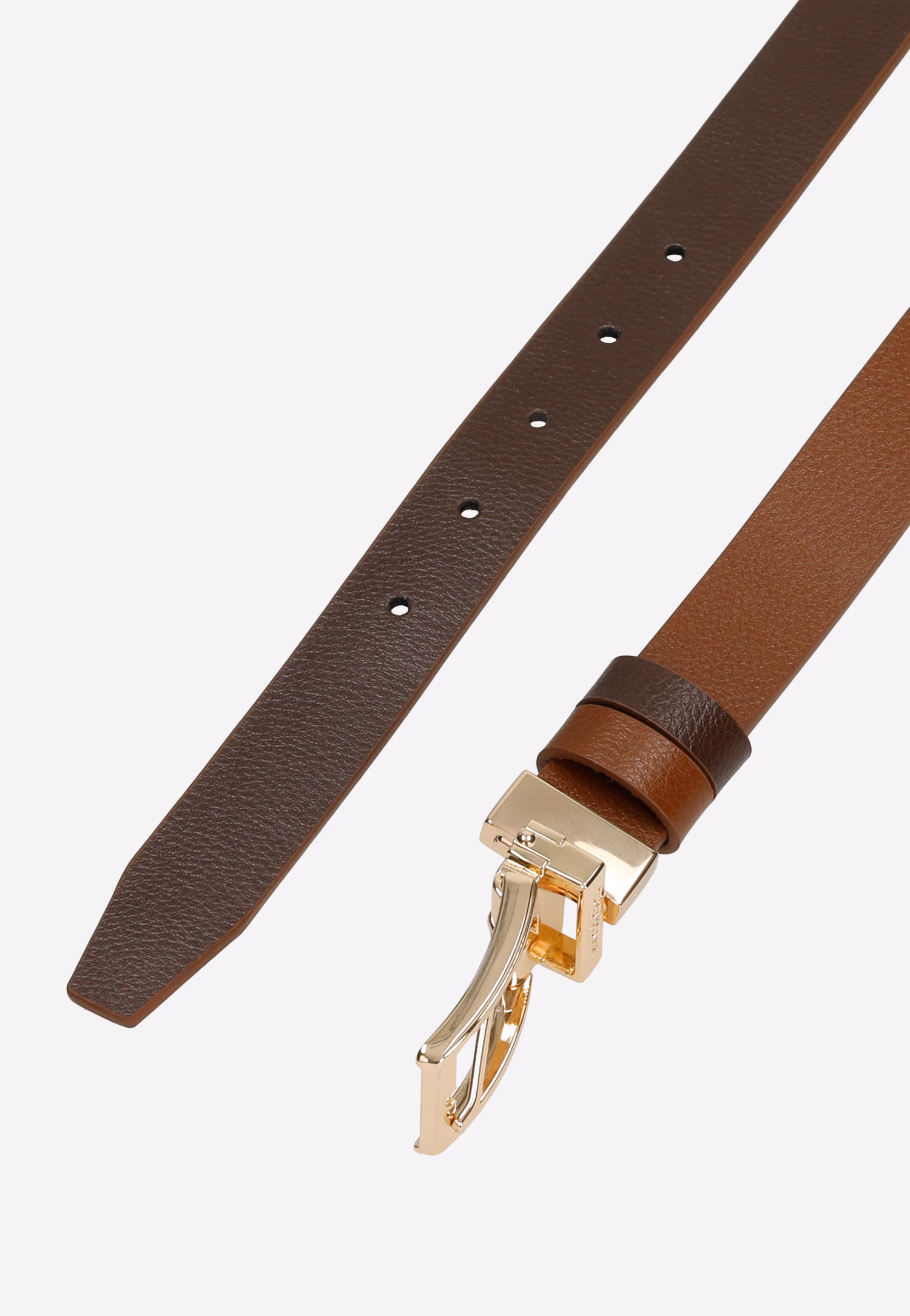 Dwustronny brązowy pasek damski ze skóry licowej ze złotą klamrą