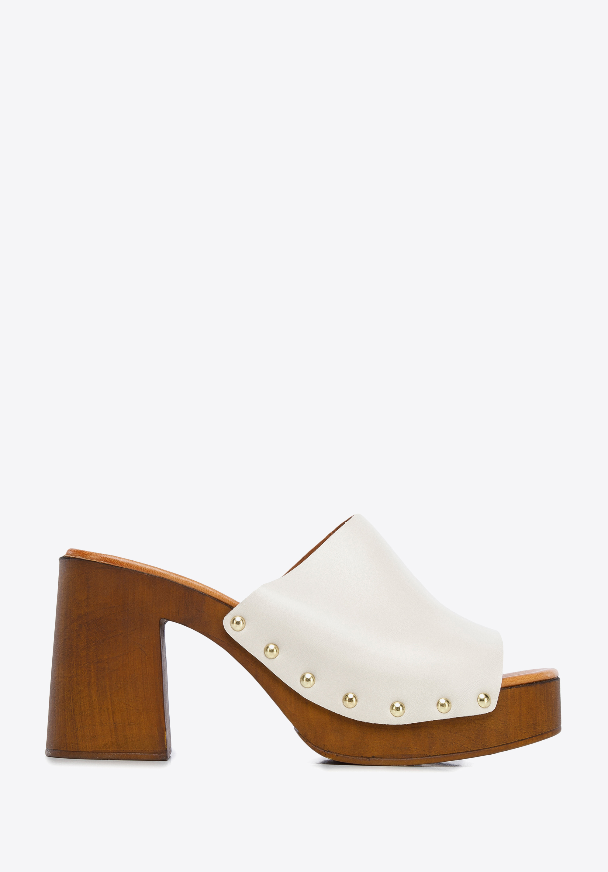 Damskie klapki skórzane na słupku z imitacji drewna