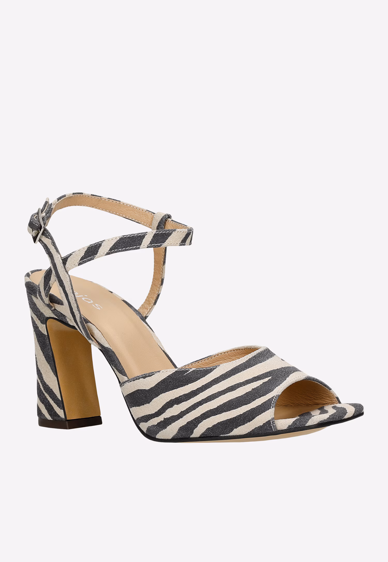 Sandały w czarno-beżowe paski na szerokim słupku