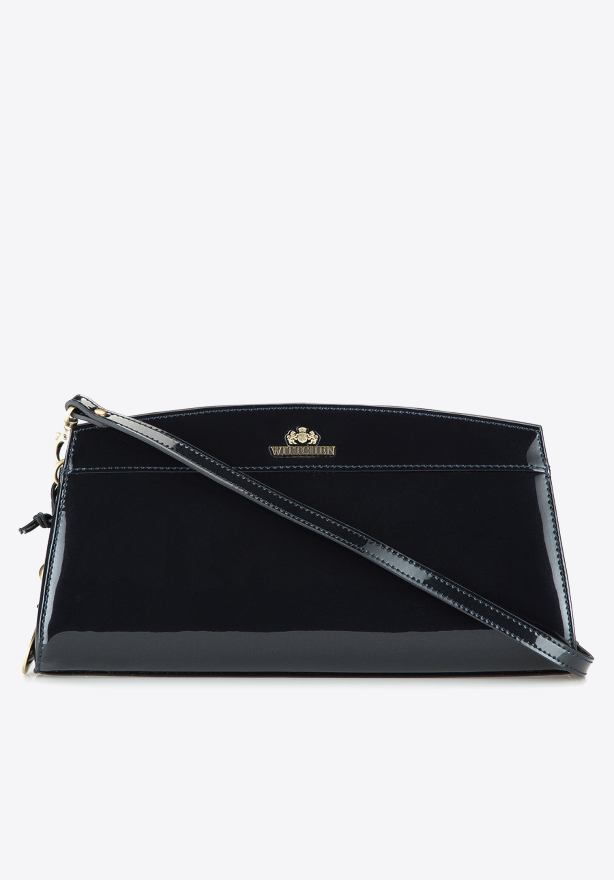 Wieczorowa torebka ze skóry lakierowanej trapezowa