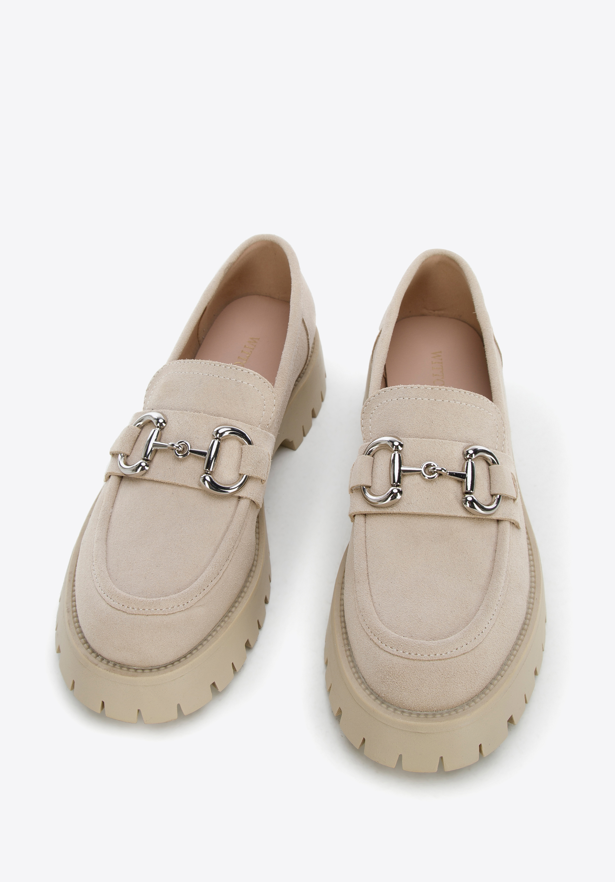 Damskie mokasyny zamszowe z klamrą na platformie