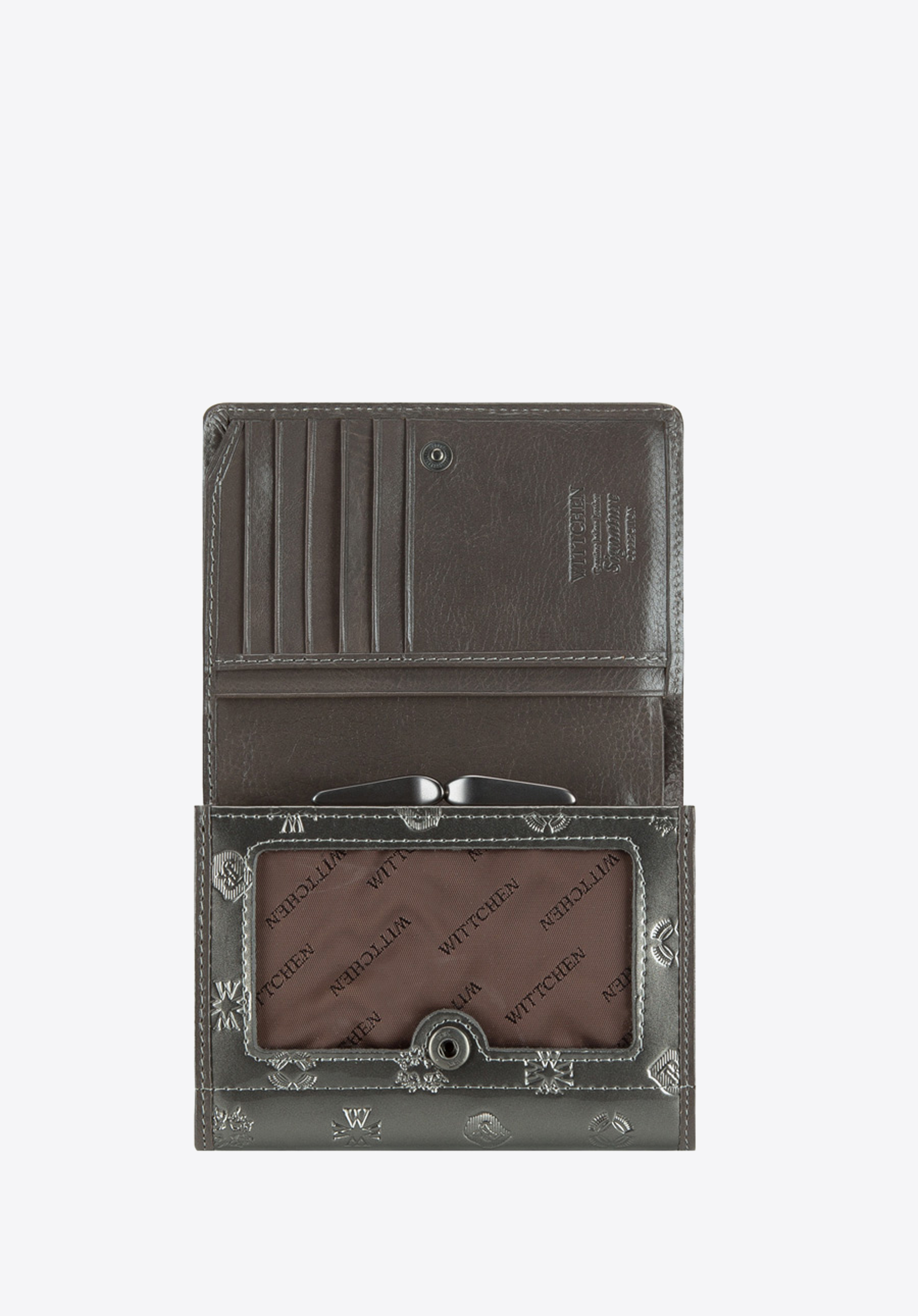 Damski portfel z lakierowanej skóry z monogramem mały