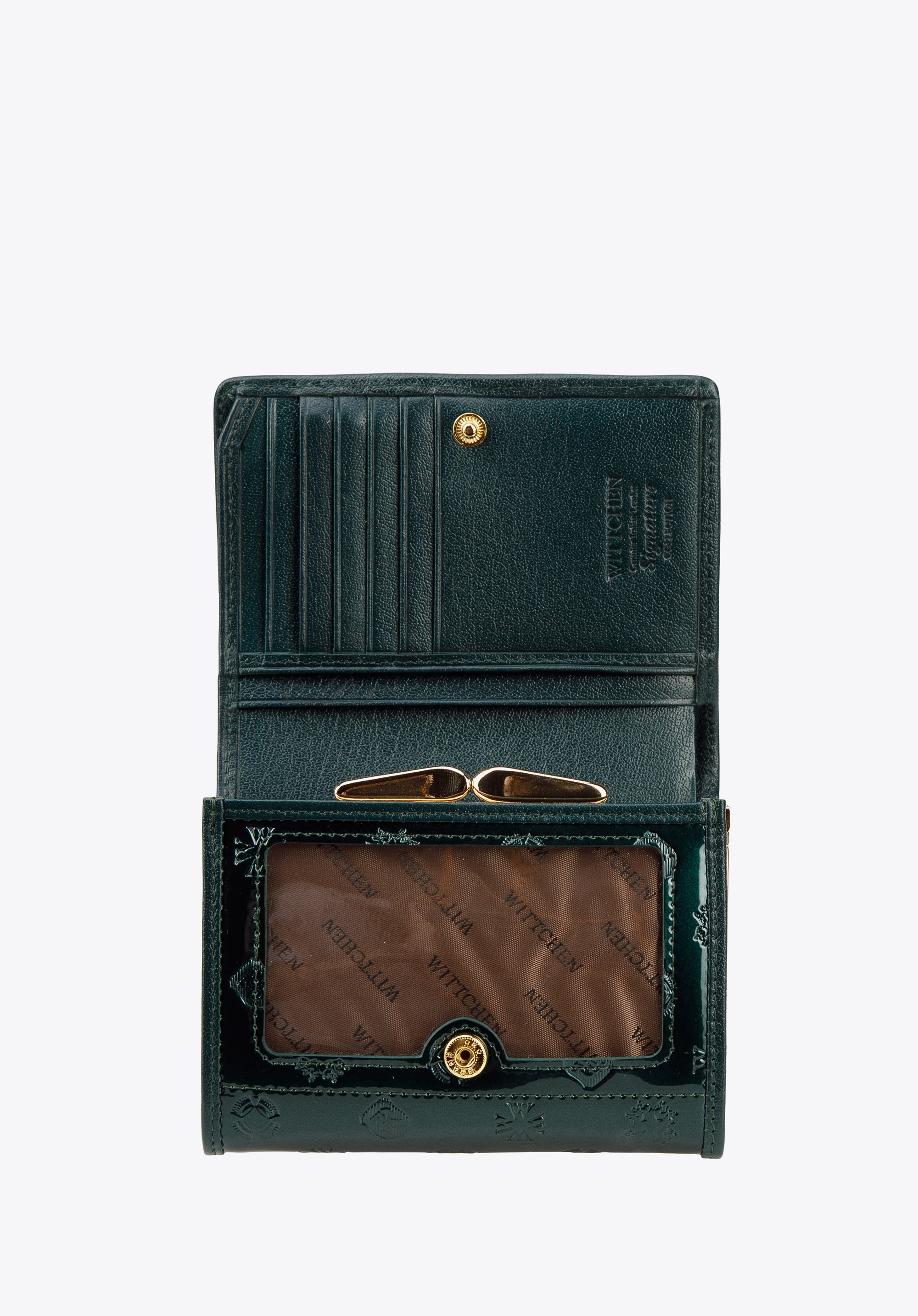 Damski portfel z lakierowanej skóry z monogramem i tasiemką mały