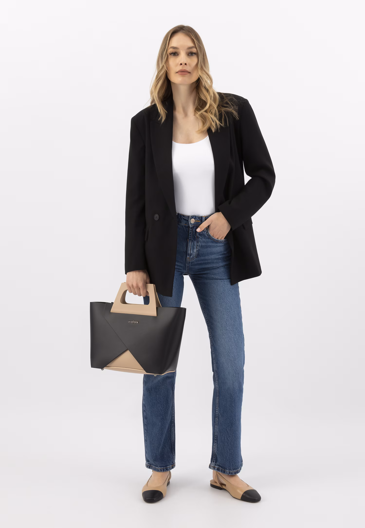 Dwukolorowe baleriny damskie z odkrytą piętą