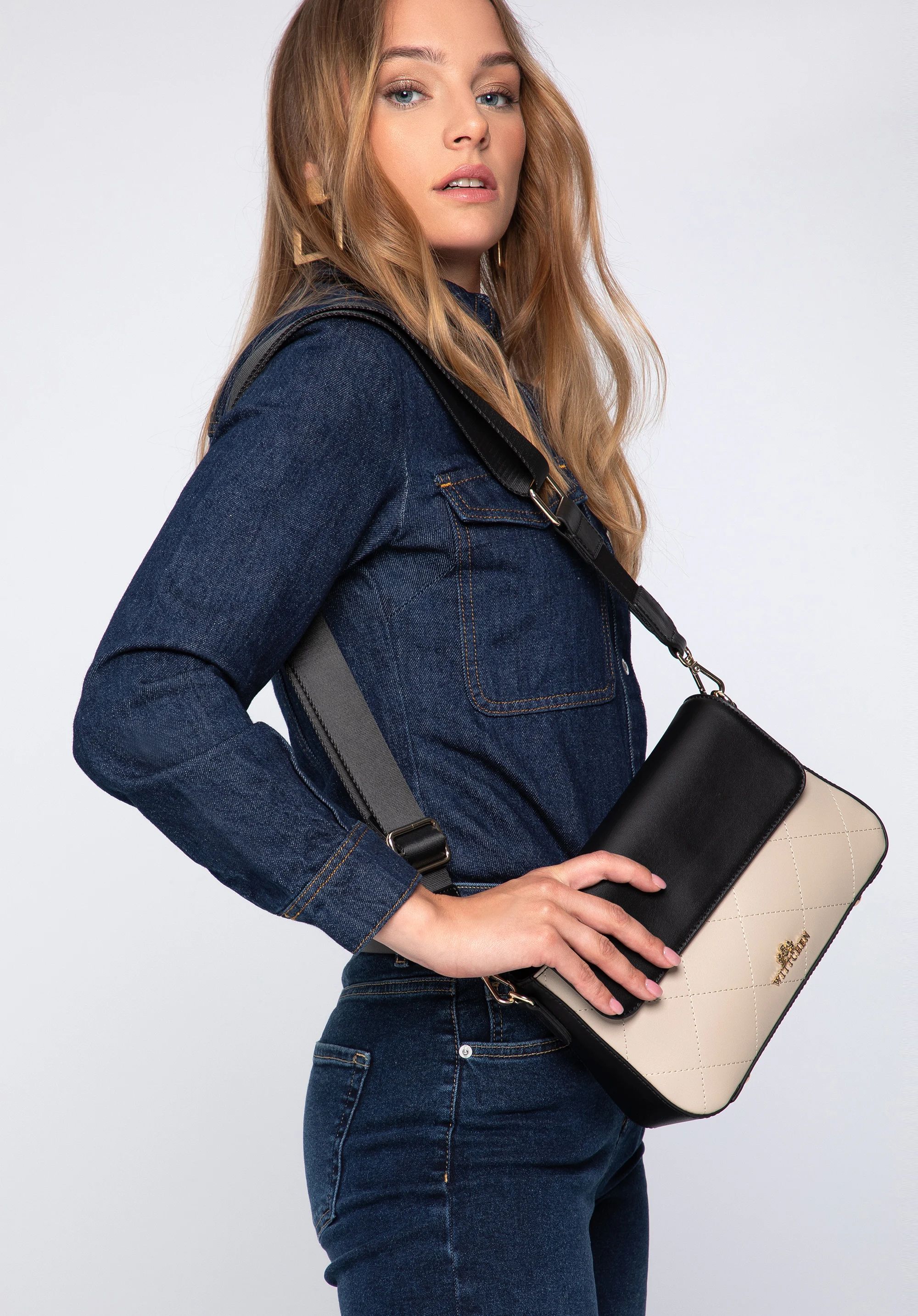 Damska listonoszka skórzana z przeszyciami dwukolorowa