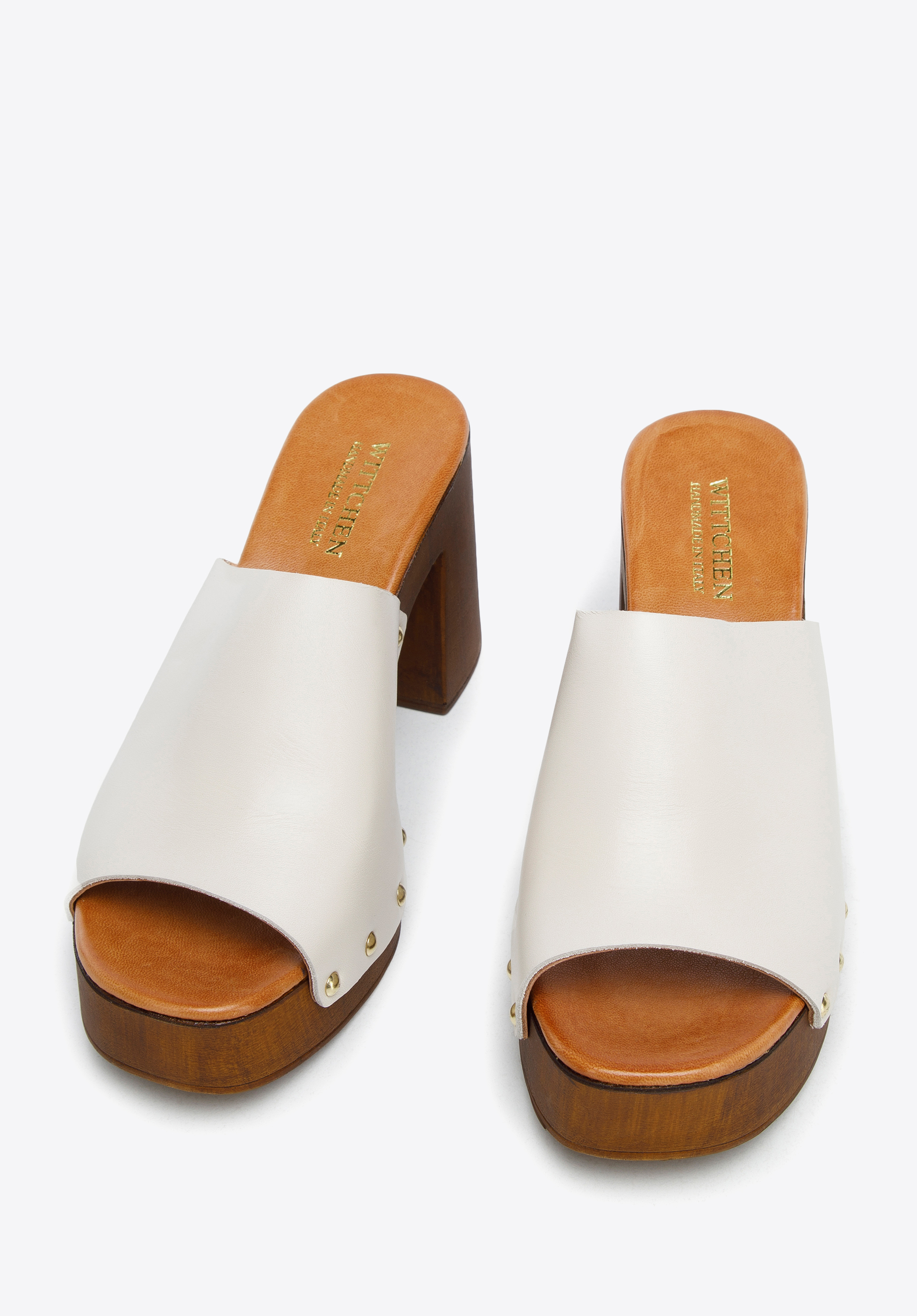 Damskie klapki skórzane na słupku z imitacji drewna