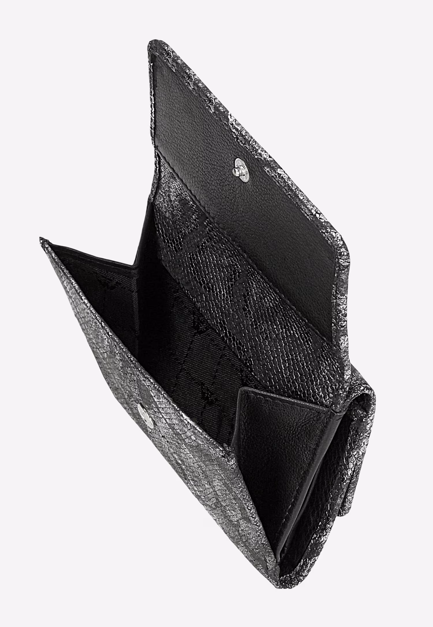 Mały srebrno-czarny portfel damski w zwierzęcy deseń