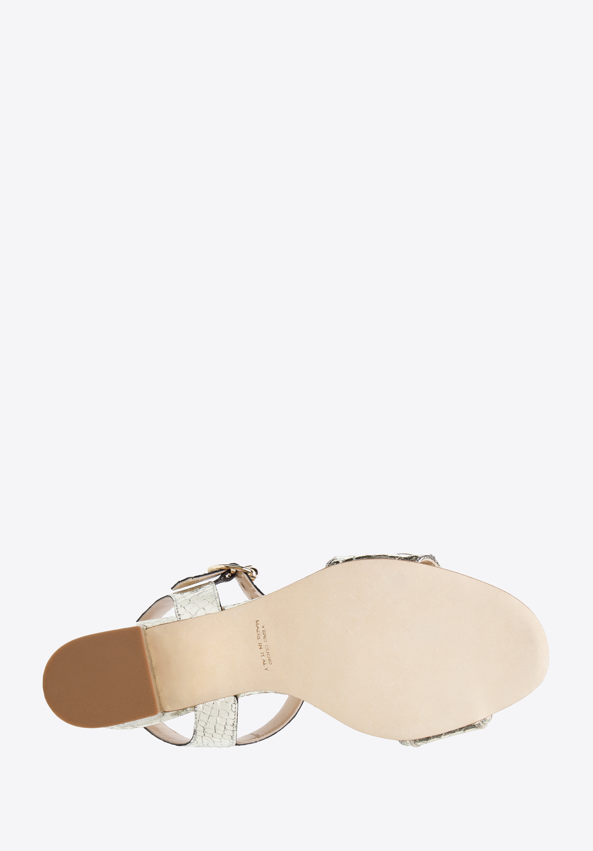 Sandałki skórzane na słupku ze złotą sprzączką