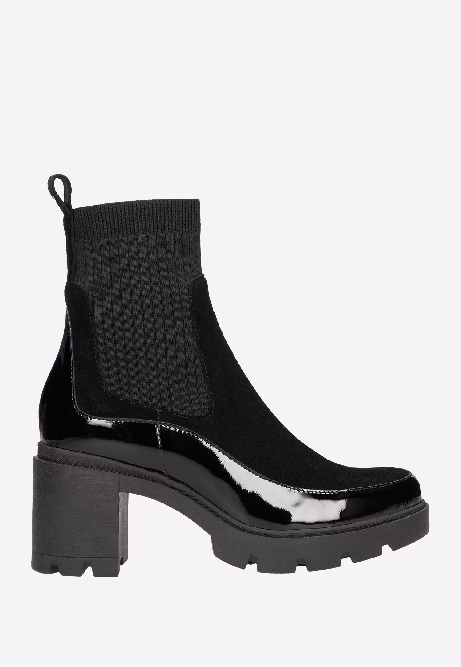 Czarne botki damskie na słupku ze skarpetą i lakierowaną obramówką