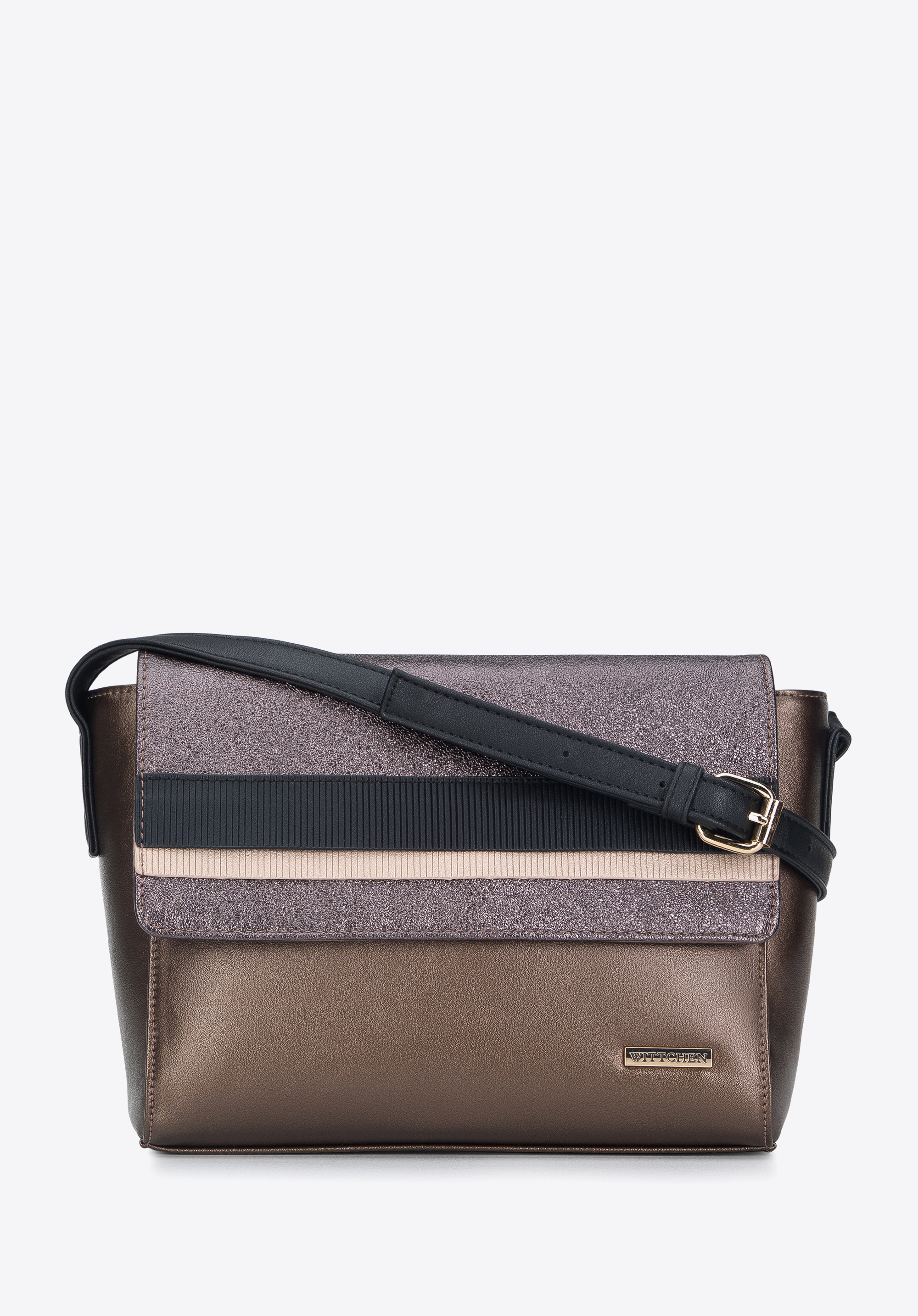 Damska listonoszka z ekoskóry z metaliczną klapą i paskami