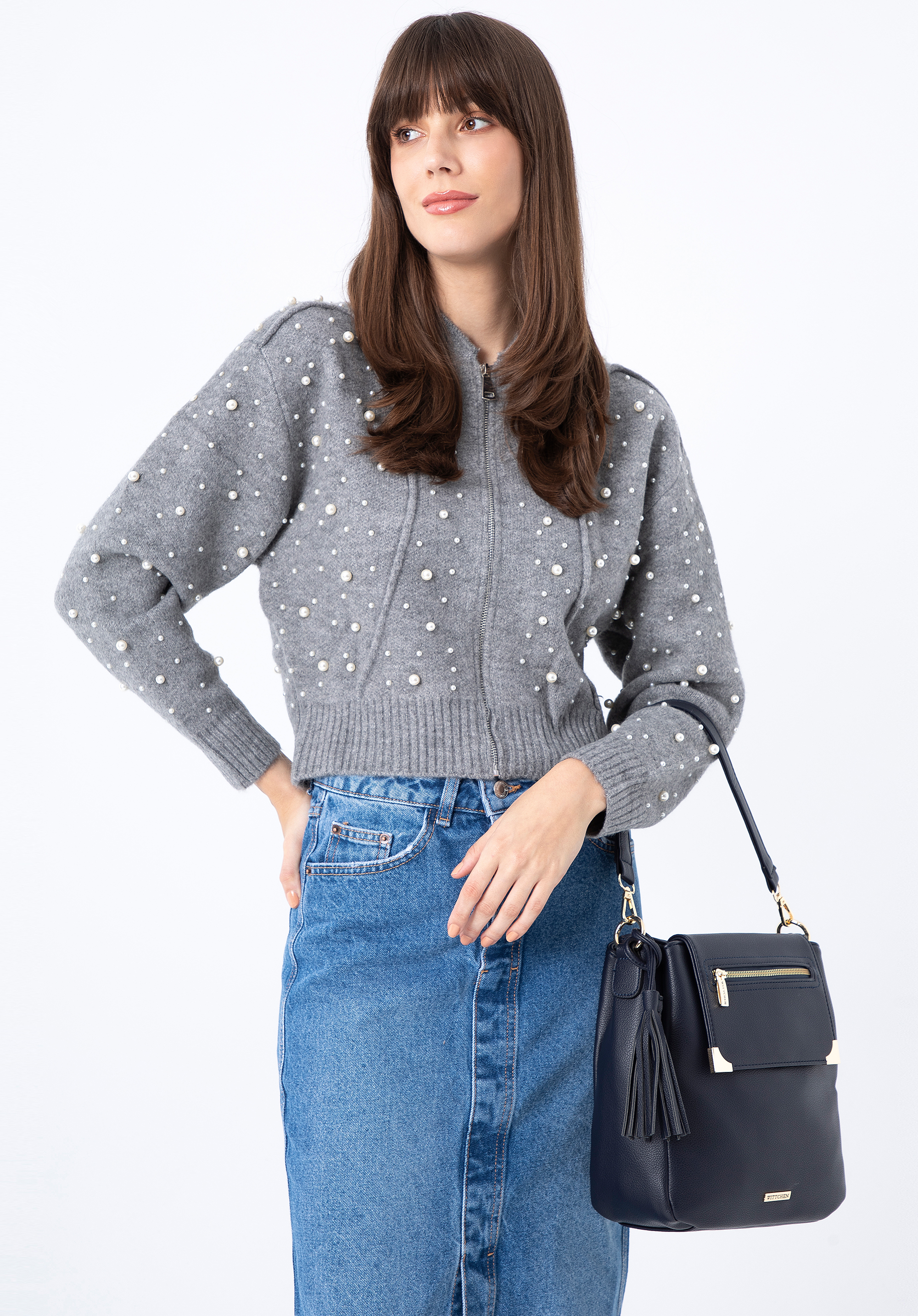 Torebka worek trzykomorowa z klapą z okuciami