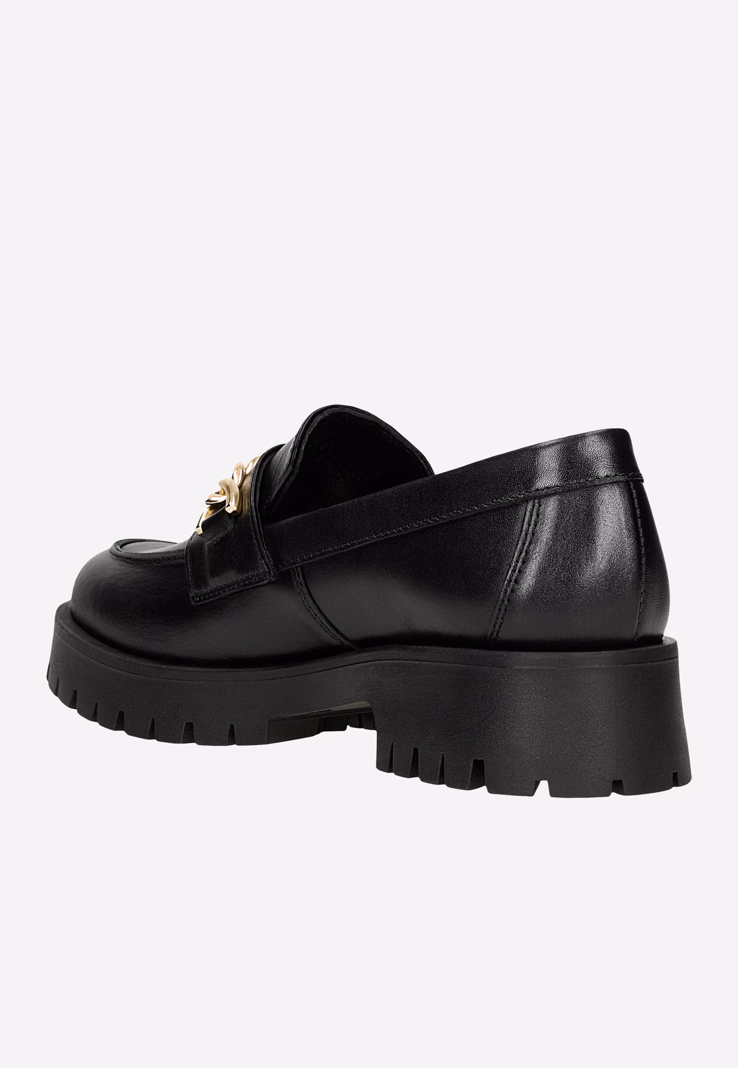 Czarne mokasyny damskie ze skóry licowej ze złotą ozdobą