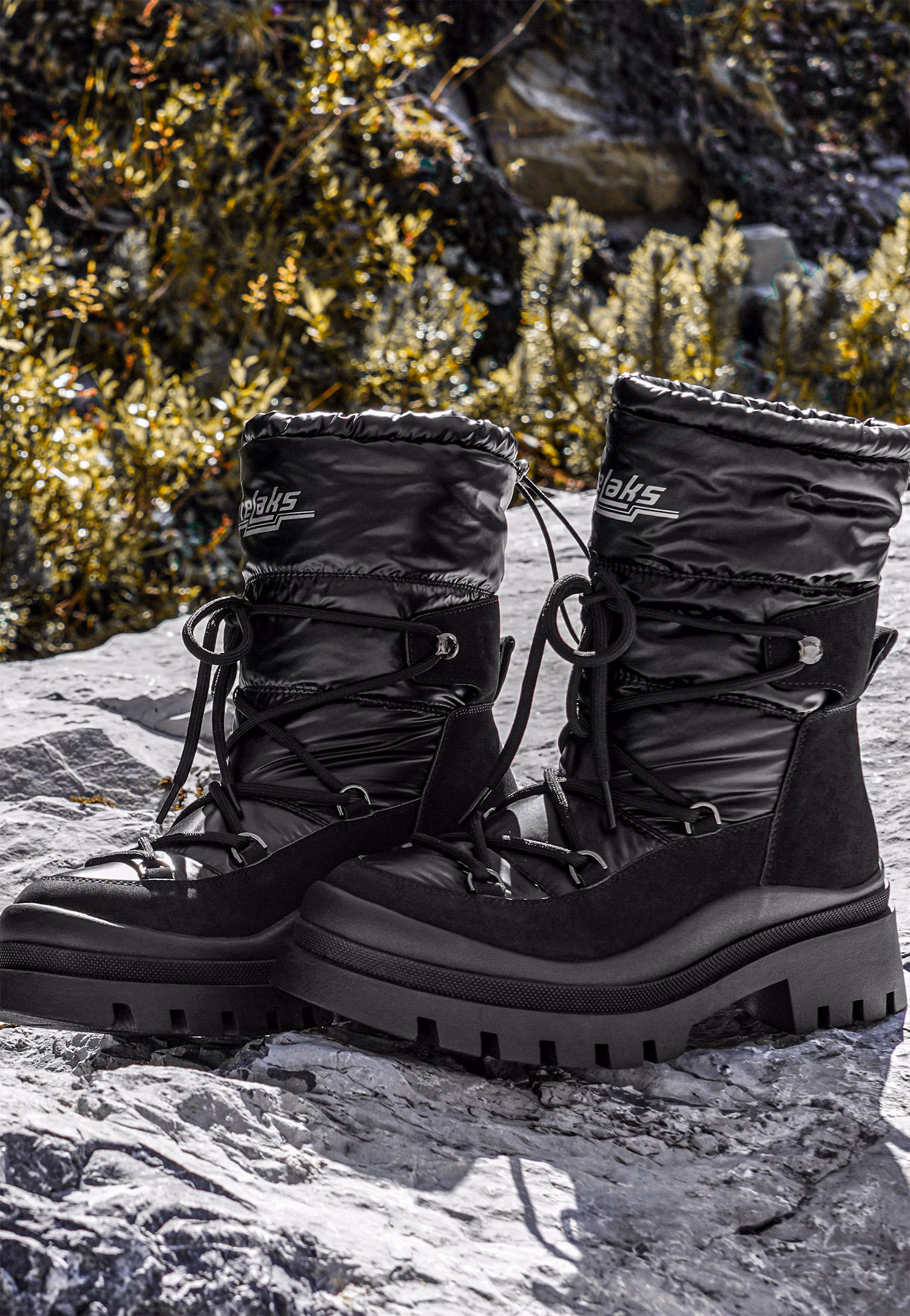 RELAKS czarne Śniegowce damskie z połączenia skóry i ortalionu