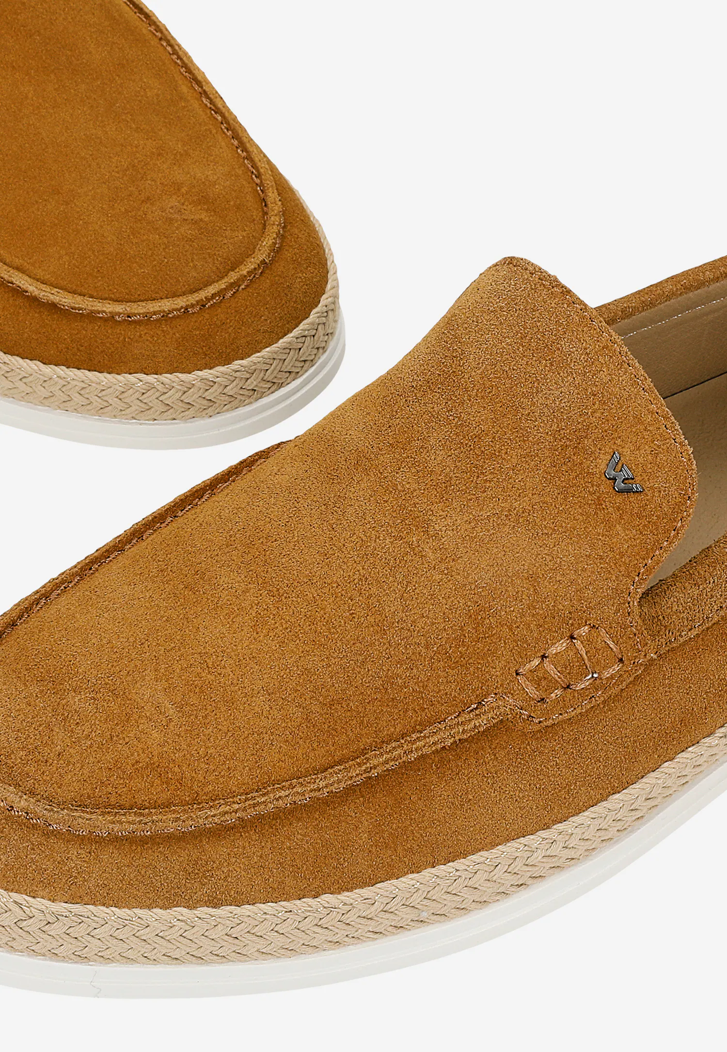 Jasnobrązowe mokasyny męskie z plecionym sznurkiem jutowym