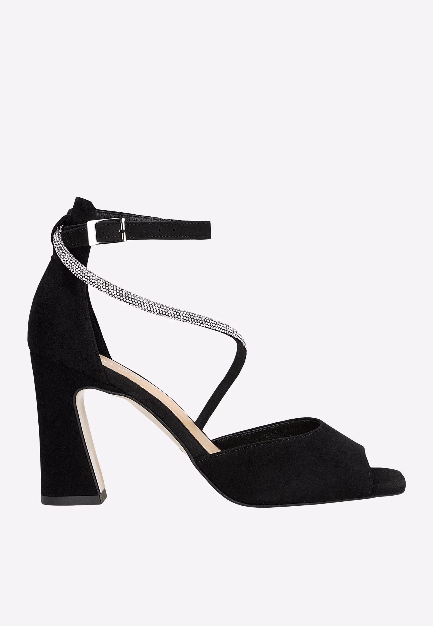 Czarne wieczorowe sandały na słupku z paskiem z kryształkami