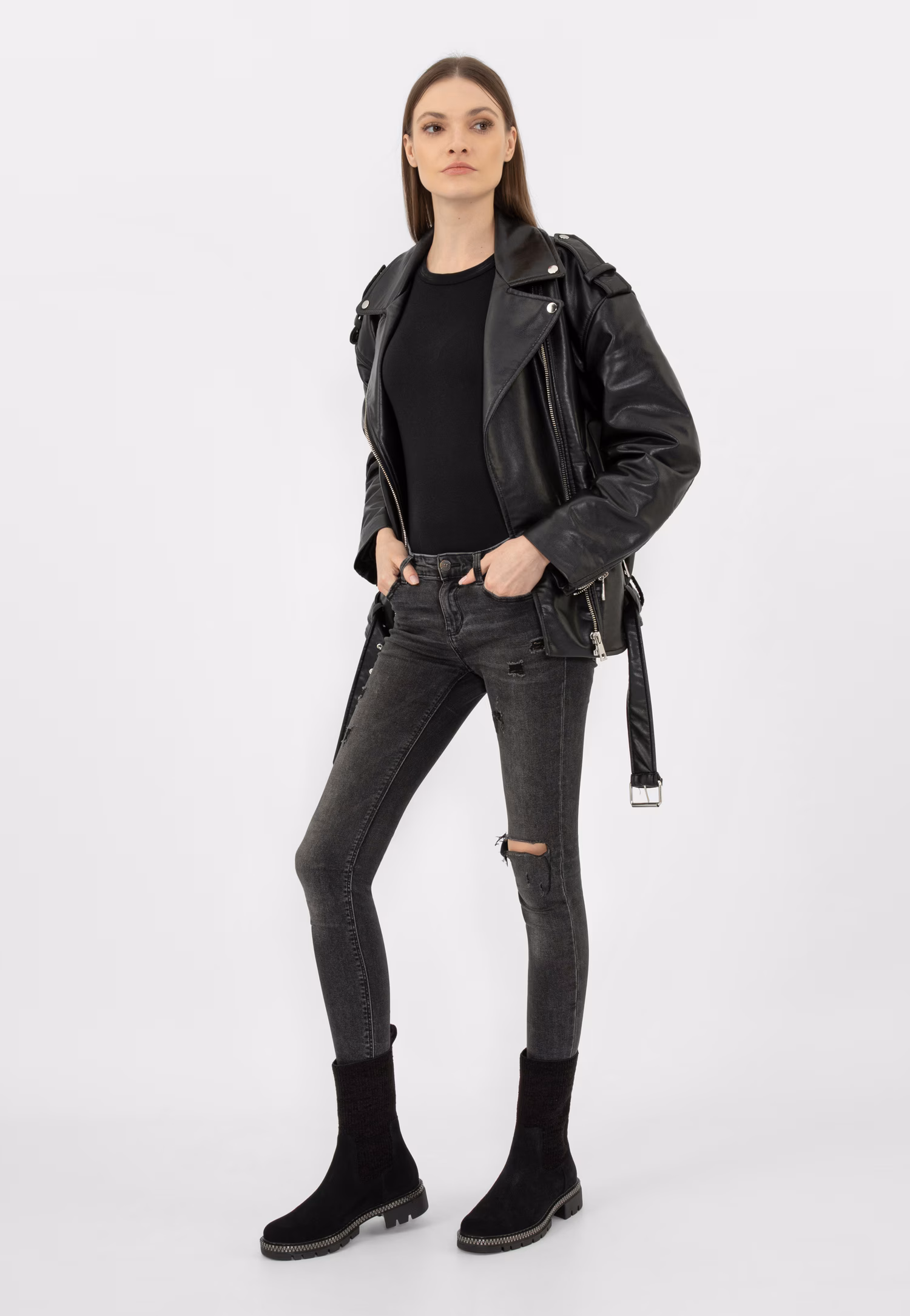 Czarne skórzane botki ze skarpetą