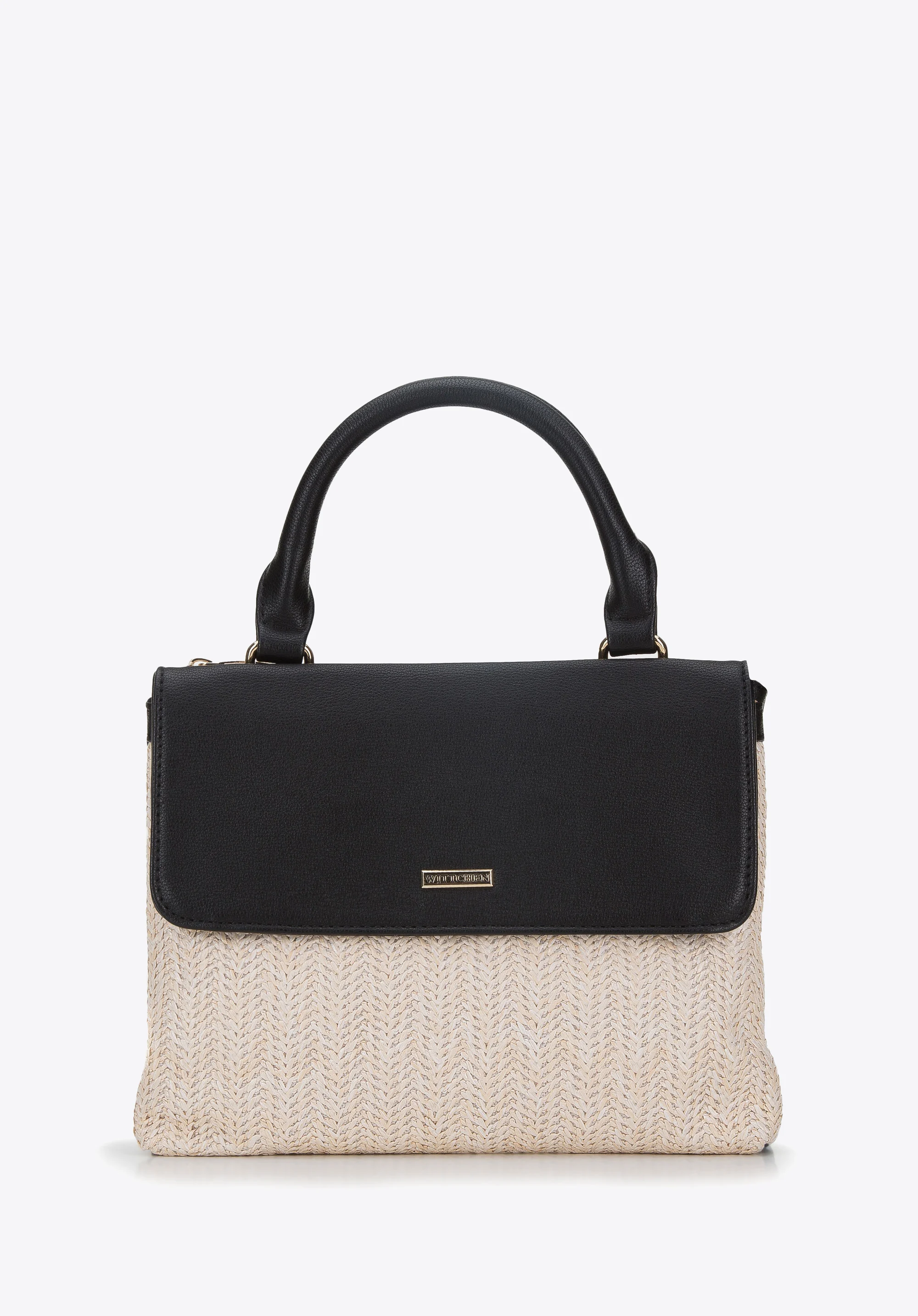 Torebka dwukomorowa z plecionką i klapą z ekoskóry