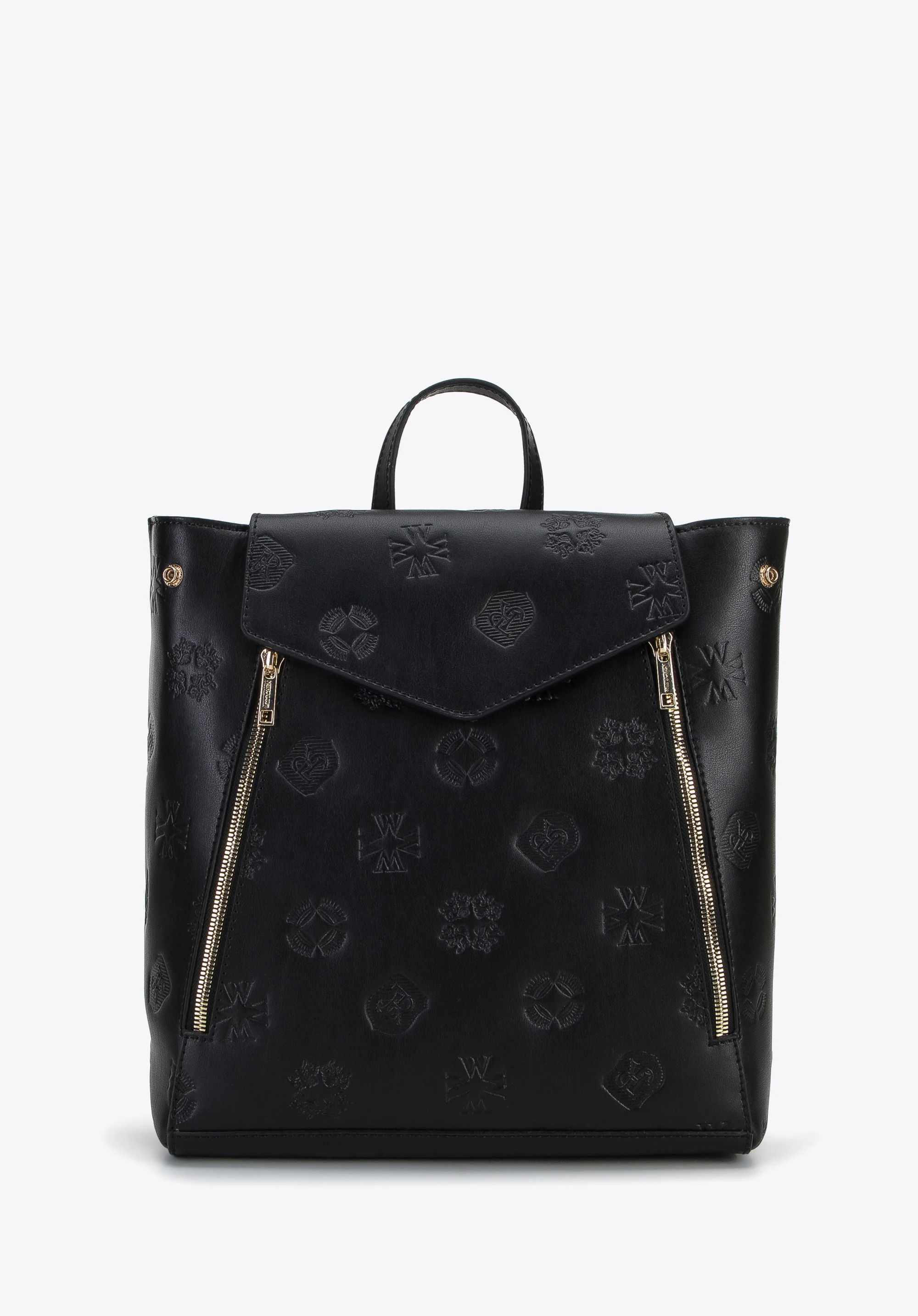 Damski plecak skórzany w monogram z pionowymi suwakami