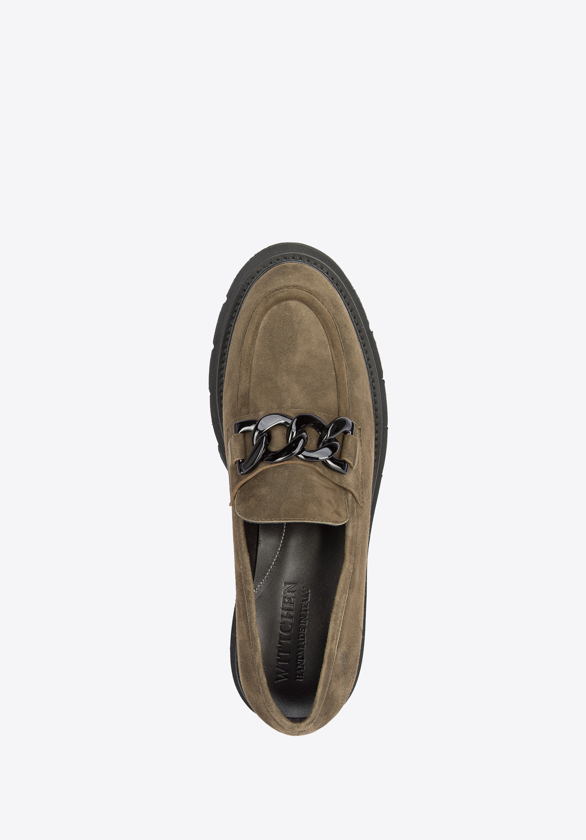 Damskie mokasyny zamszowe z łańcuchem