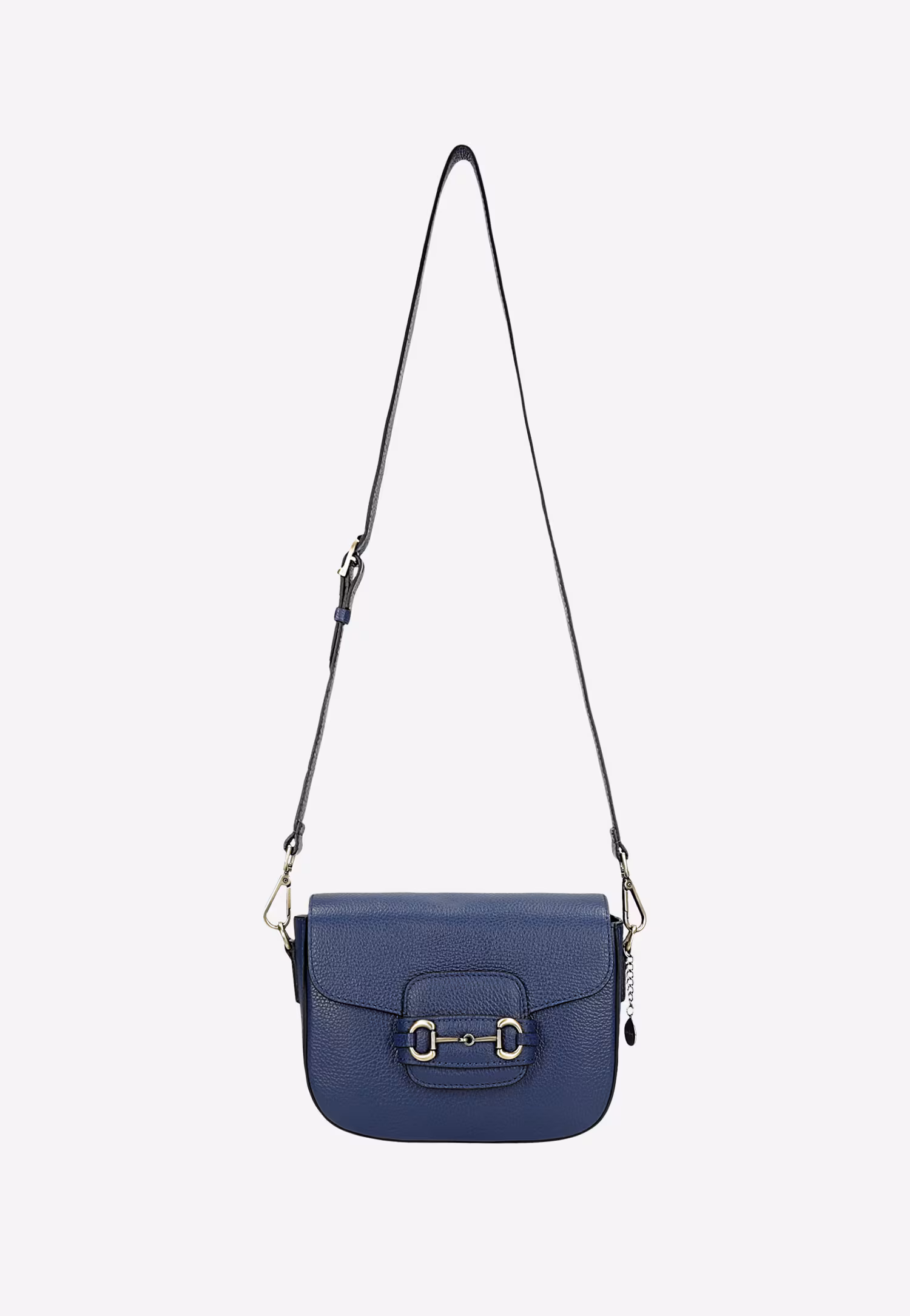 Granatowa skórzana torebka damska ze złotymi elementami