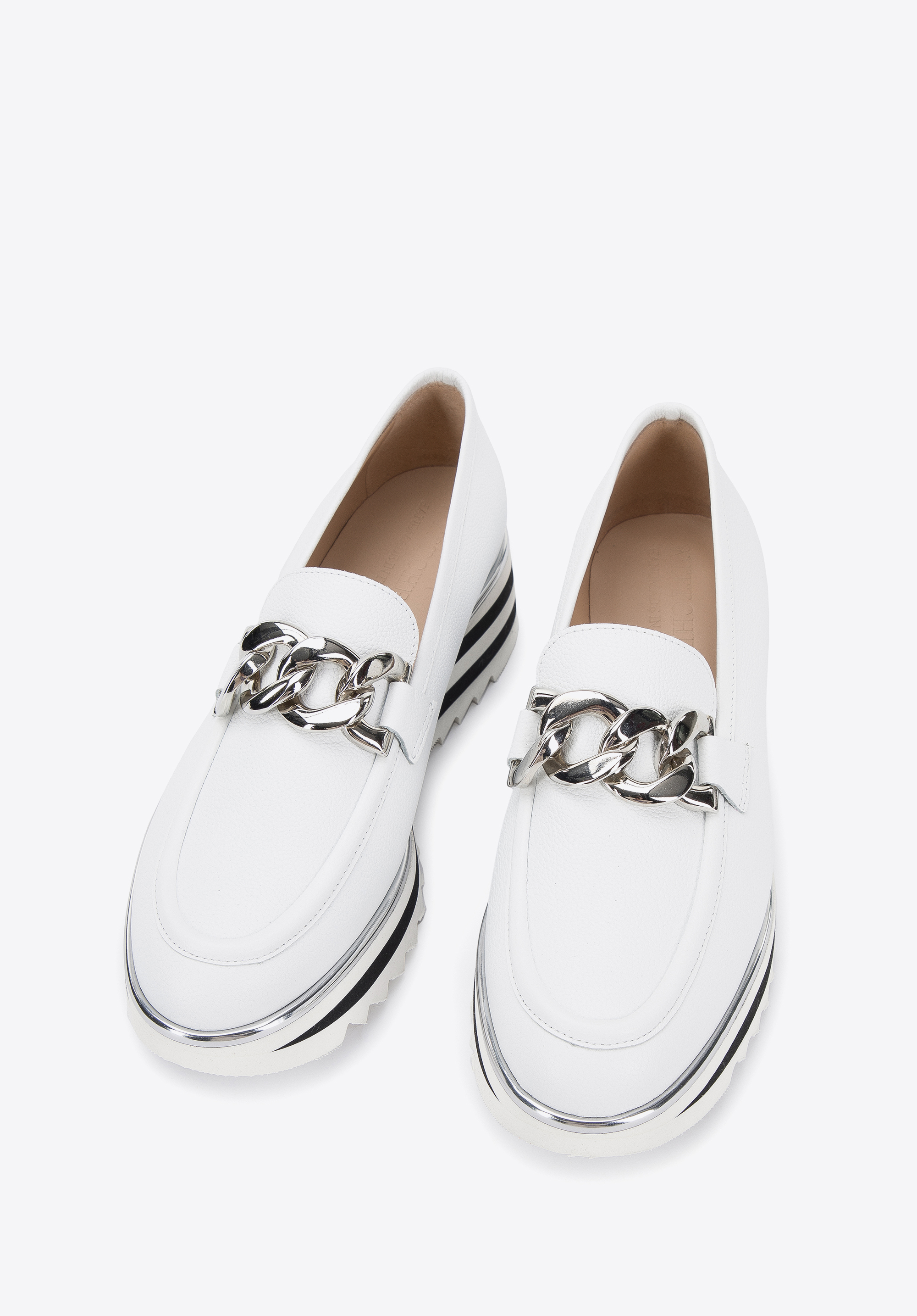 Damskie mokasyny skórzane z łańcuchem na platformie w pasy