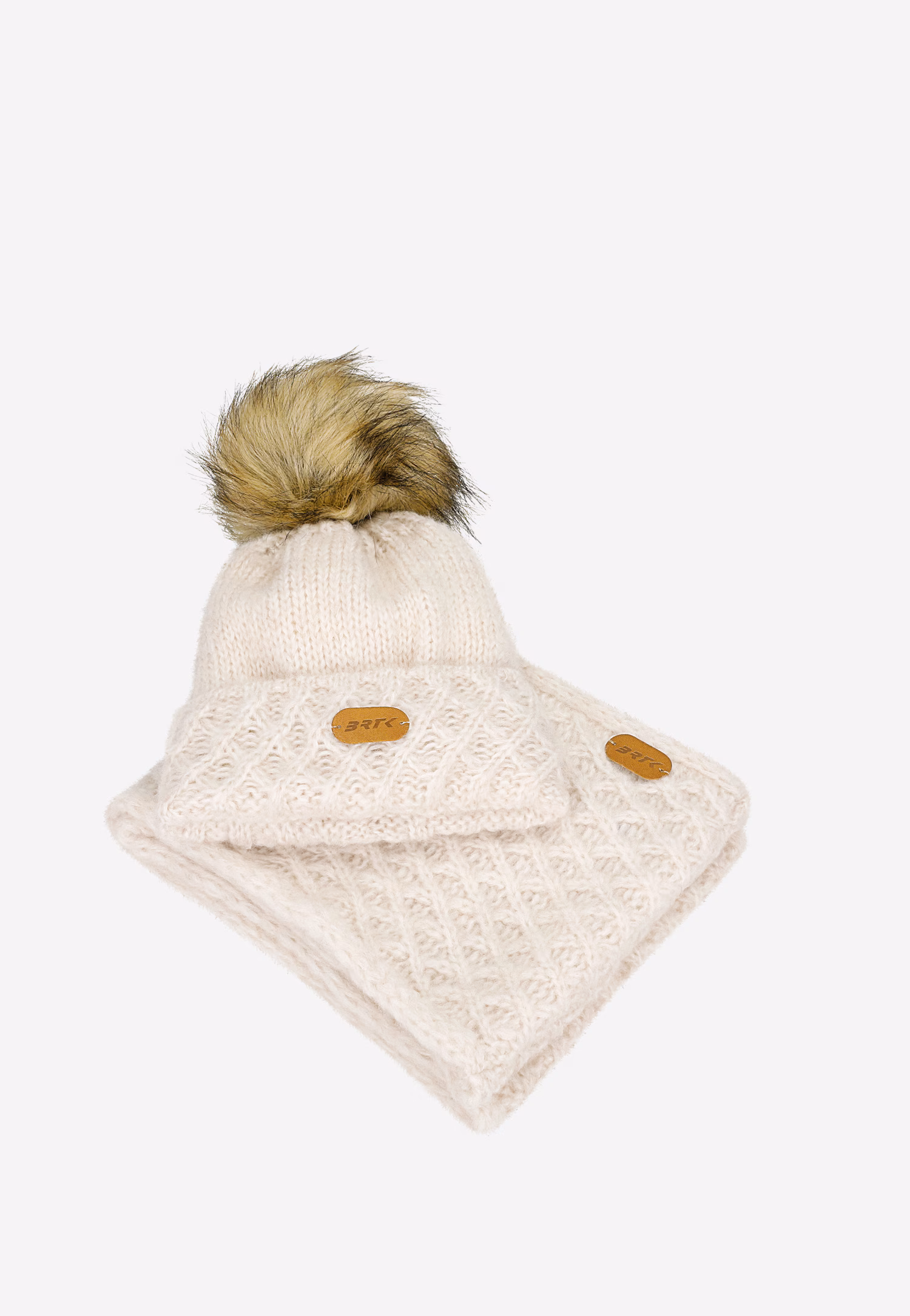 Jasnobeżowy komplet BARTEK 8560284 czapka + komin z wełną merino