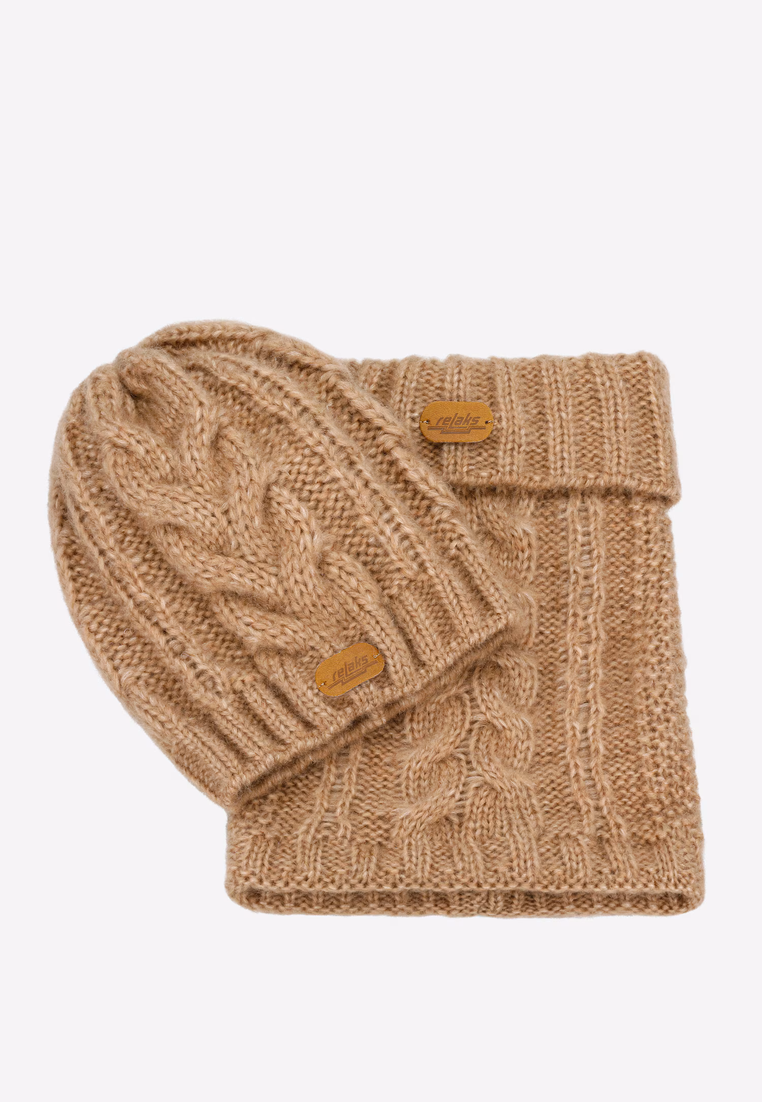RELAKS jasnobrązowy zestaw z wełną merino - czapka + komin