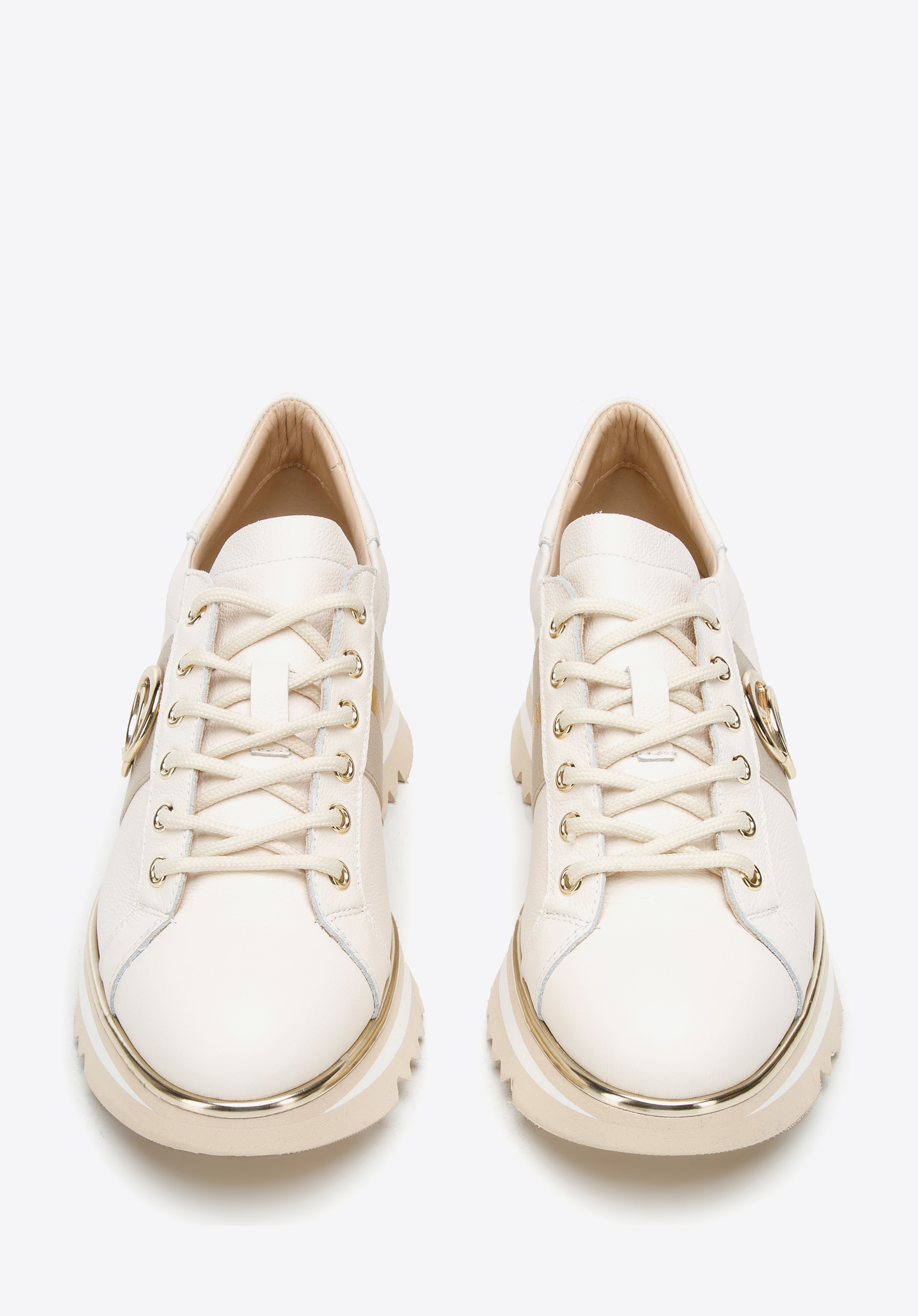 Damskie sneakersy skórzane z klamrą na platformie w pasy