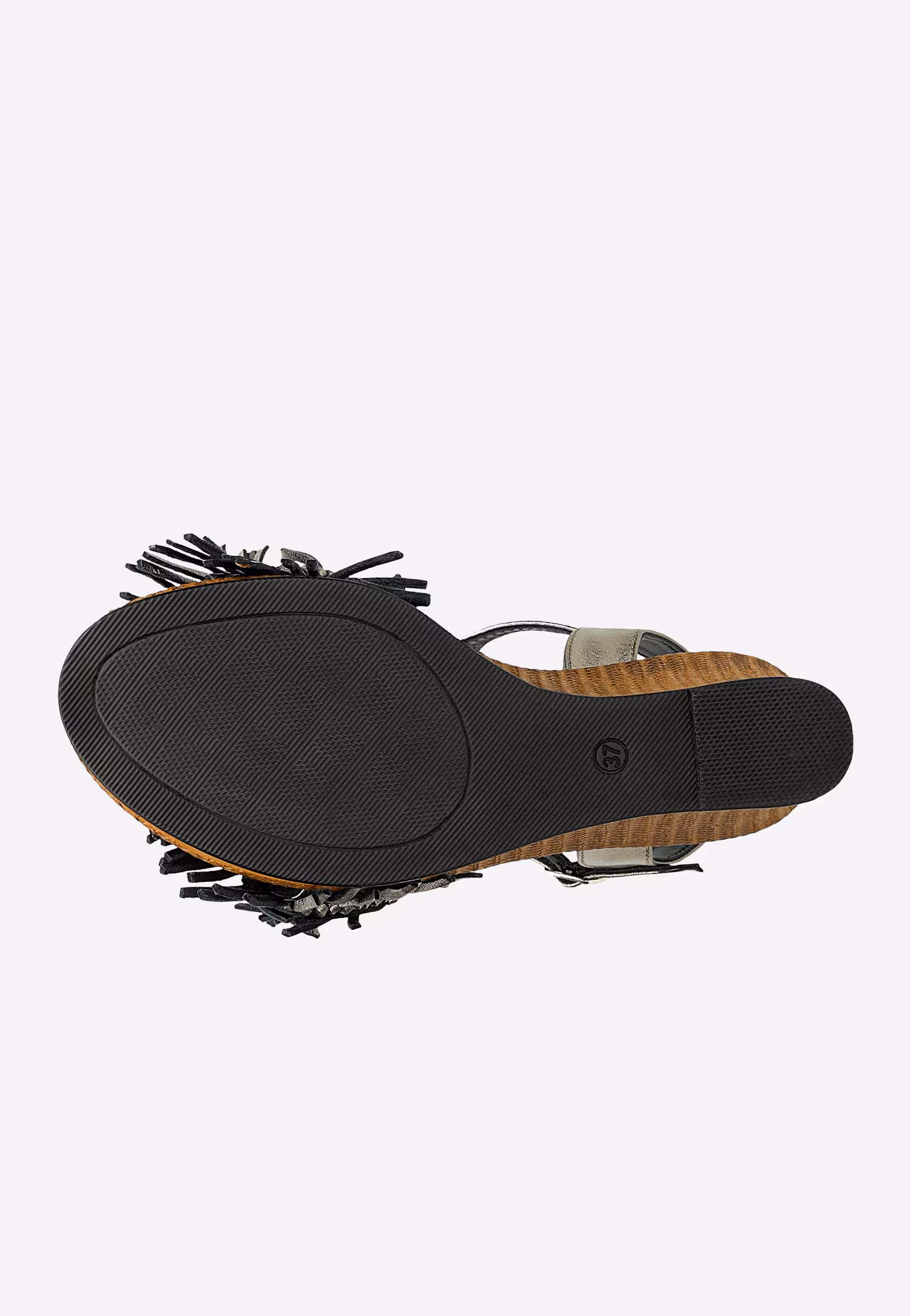 Metaliczne sandały na wysokiej koturnie z ozdobą na pasku