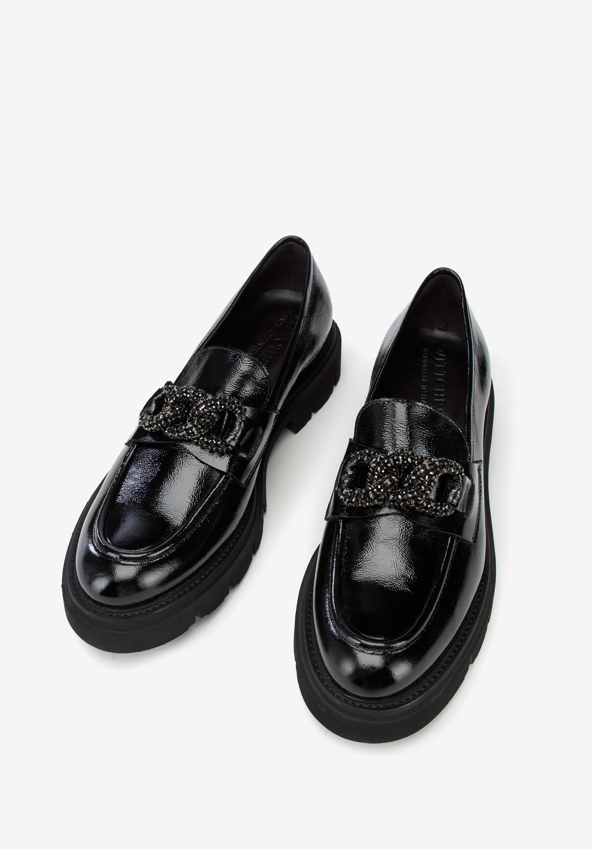 Damskie mokasyny skórzane z łańcuchem z kryształków