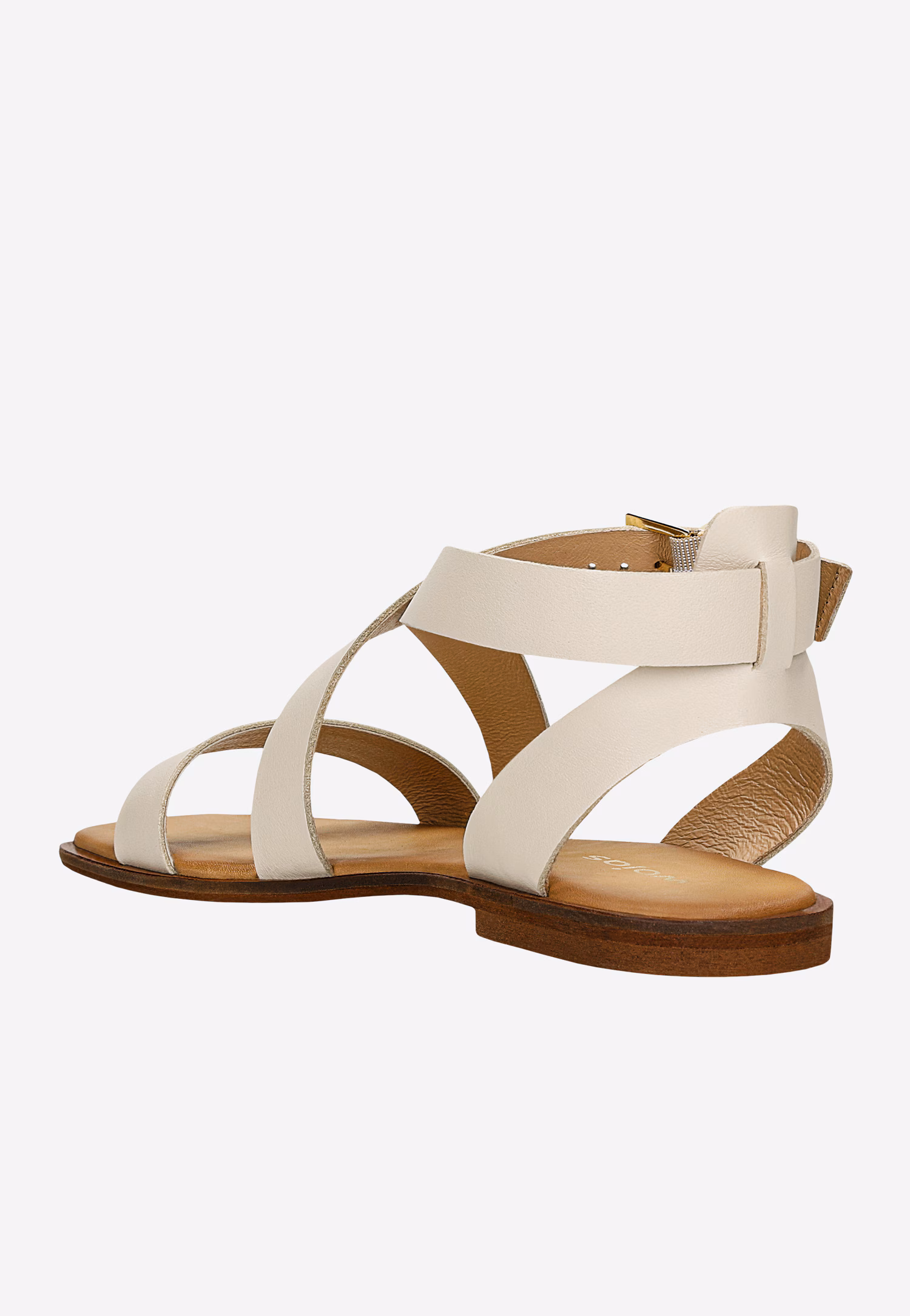 Beżowe sandały damskie ze skóry licowej ze złotą klamrą