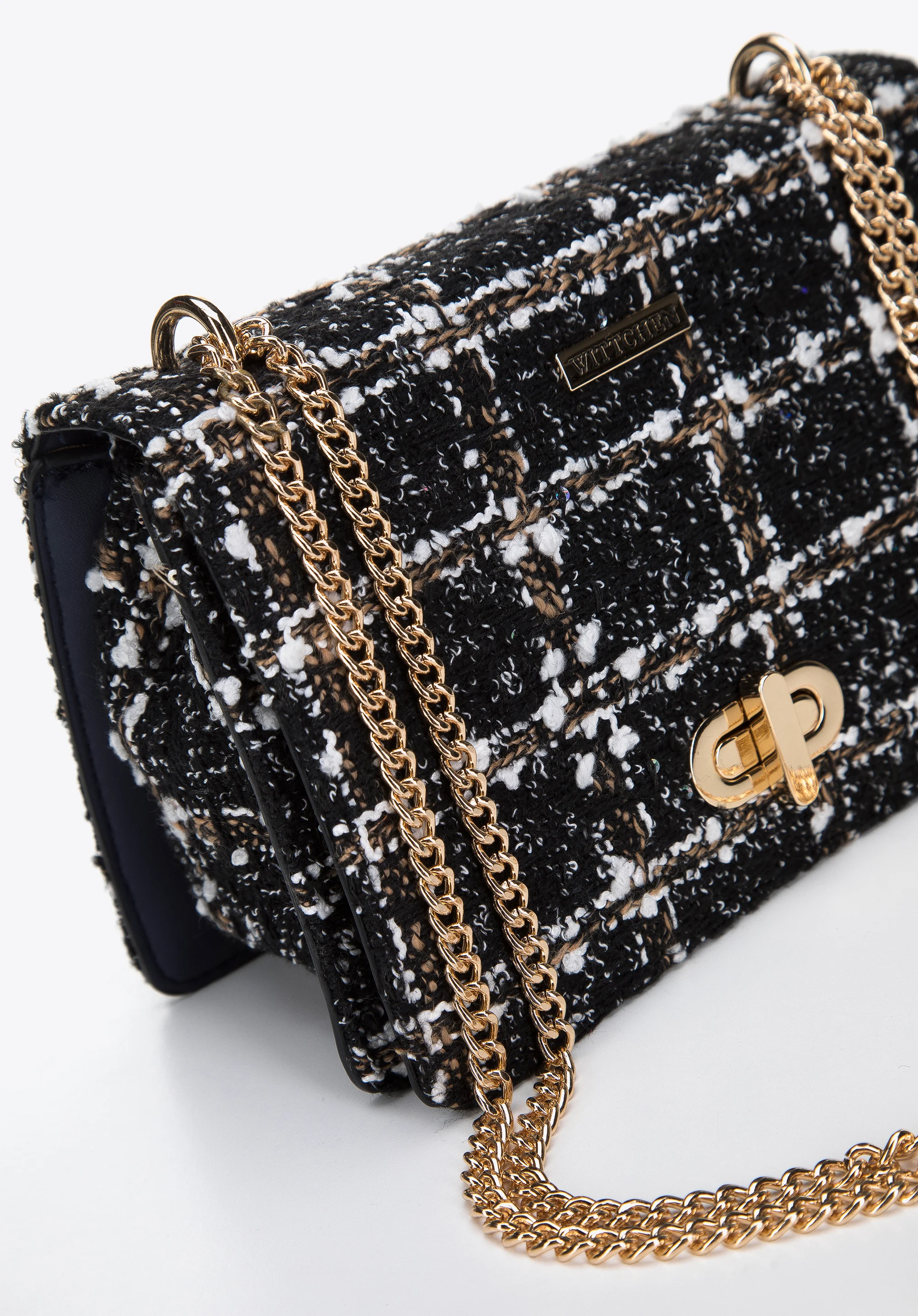 Damska minitorebka ze wstawką z tkaniny bouclé