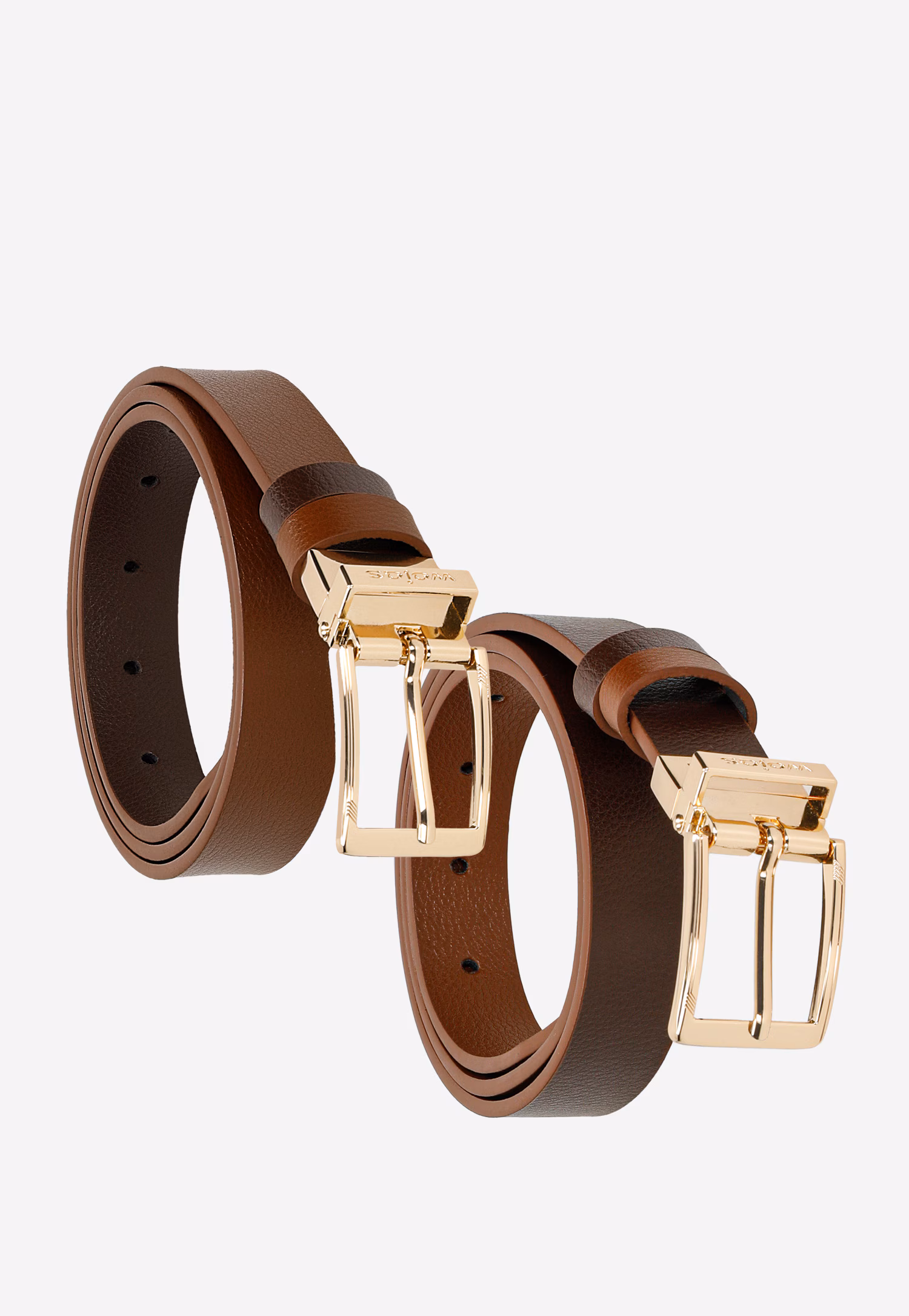 Dwustronny brązowy pasek damski ze skóry licowej ze złotą klamrą