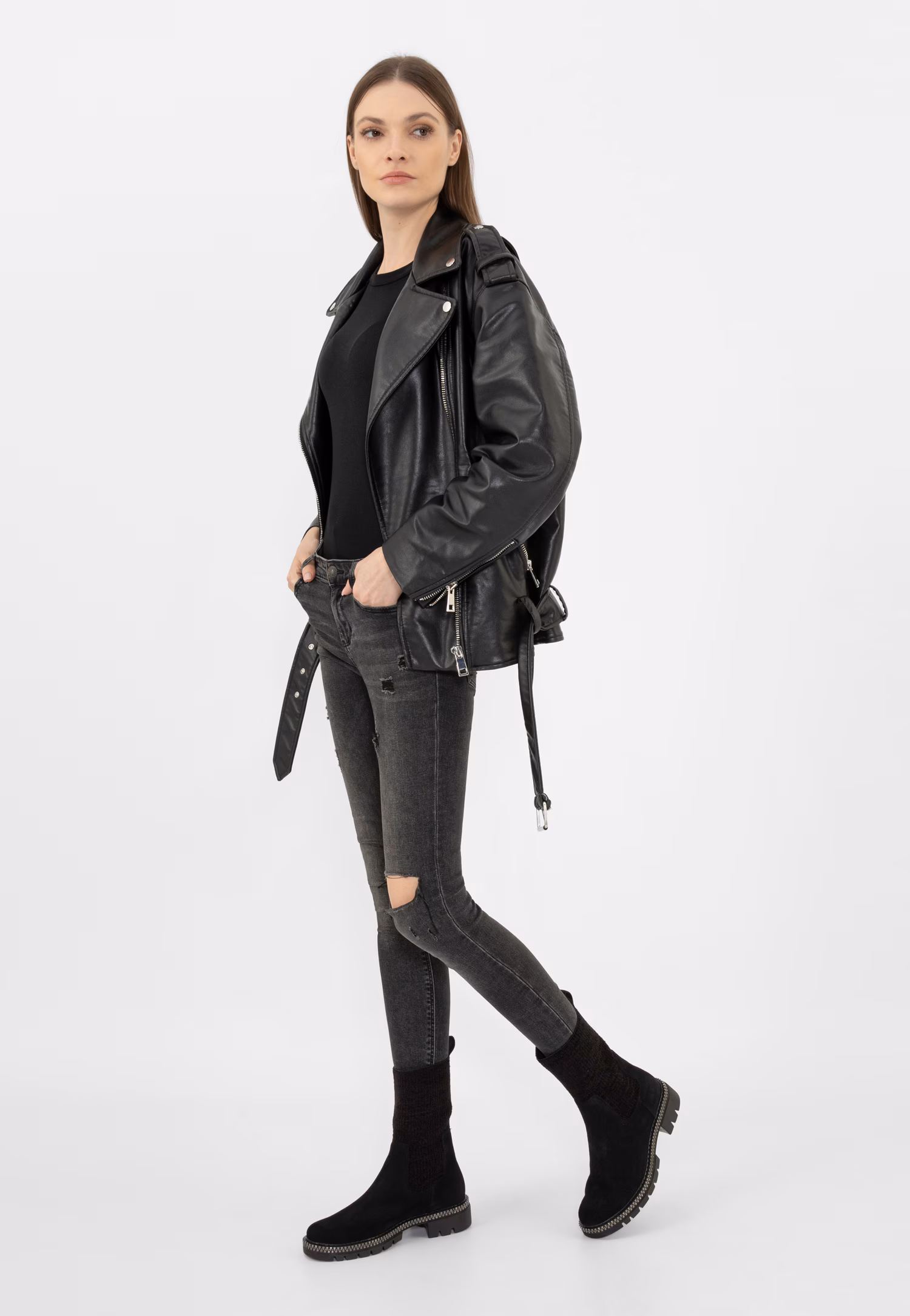 Czarne skórzane botki ze skarpetą