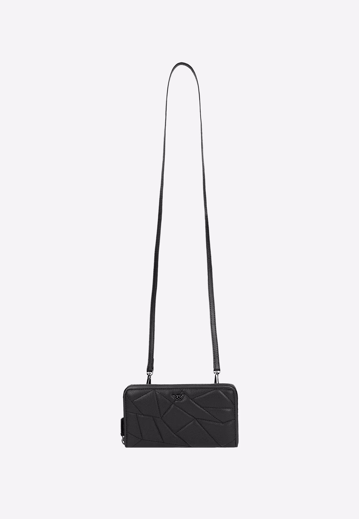 Czarny skórzany portfel z geometrycznym pikowaniem z paskiem