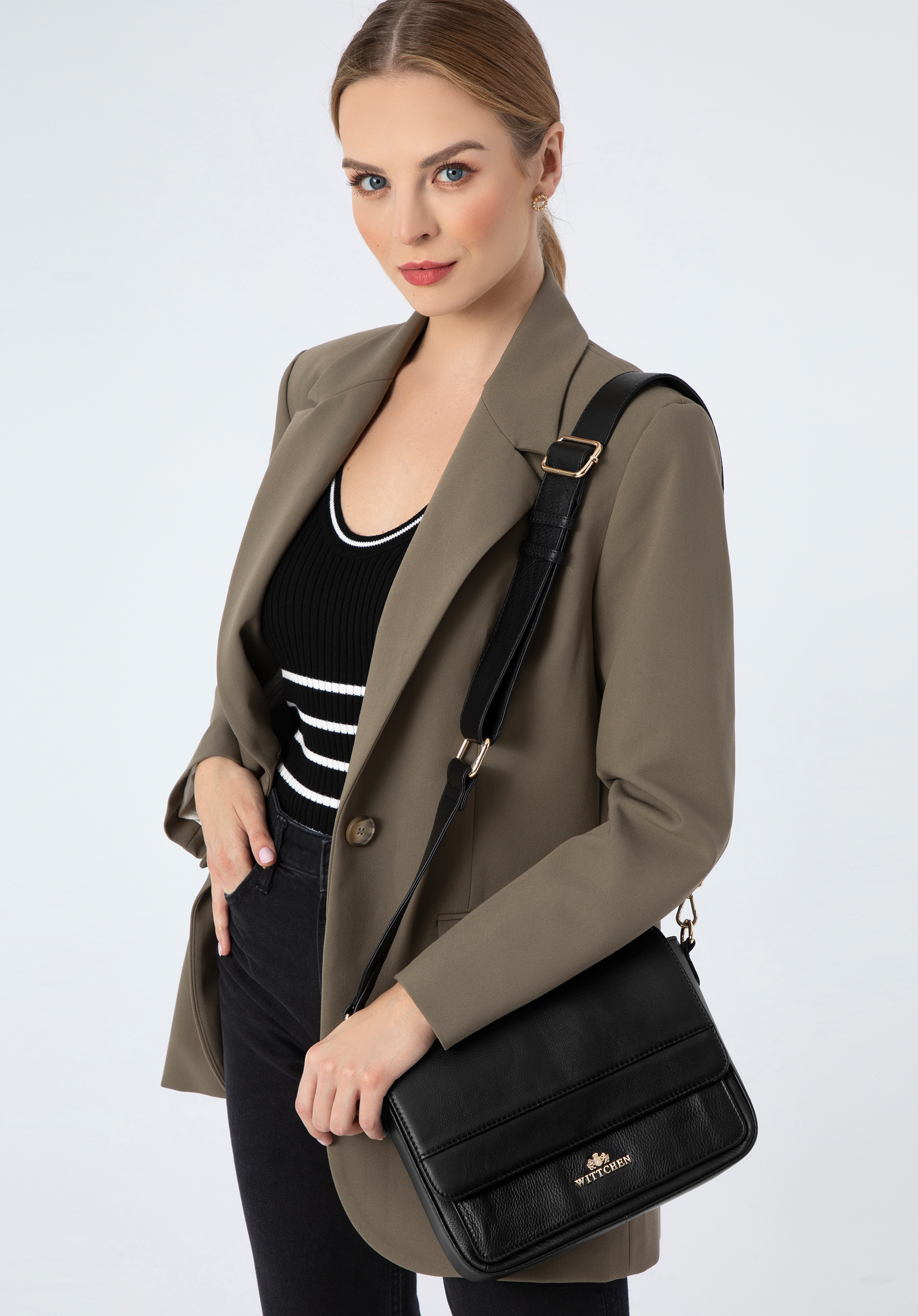 Damska listonoszka skórzana z przeszyciami trzykomorowa