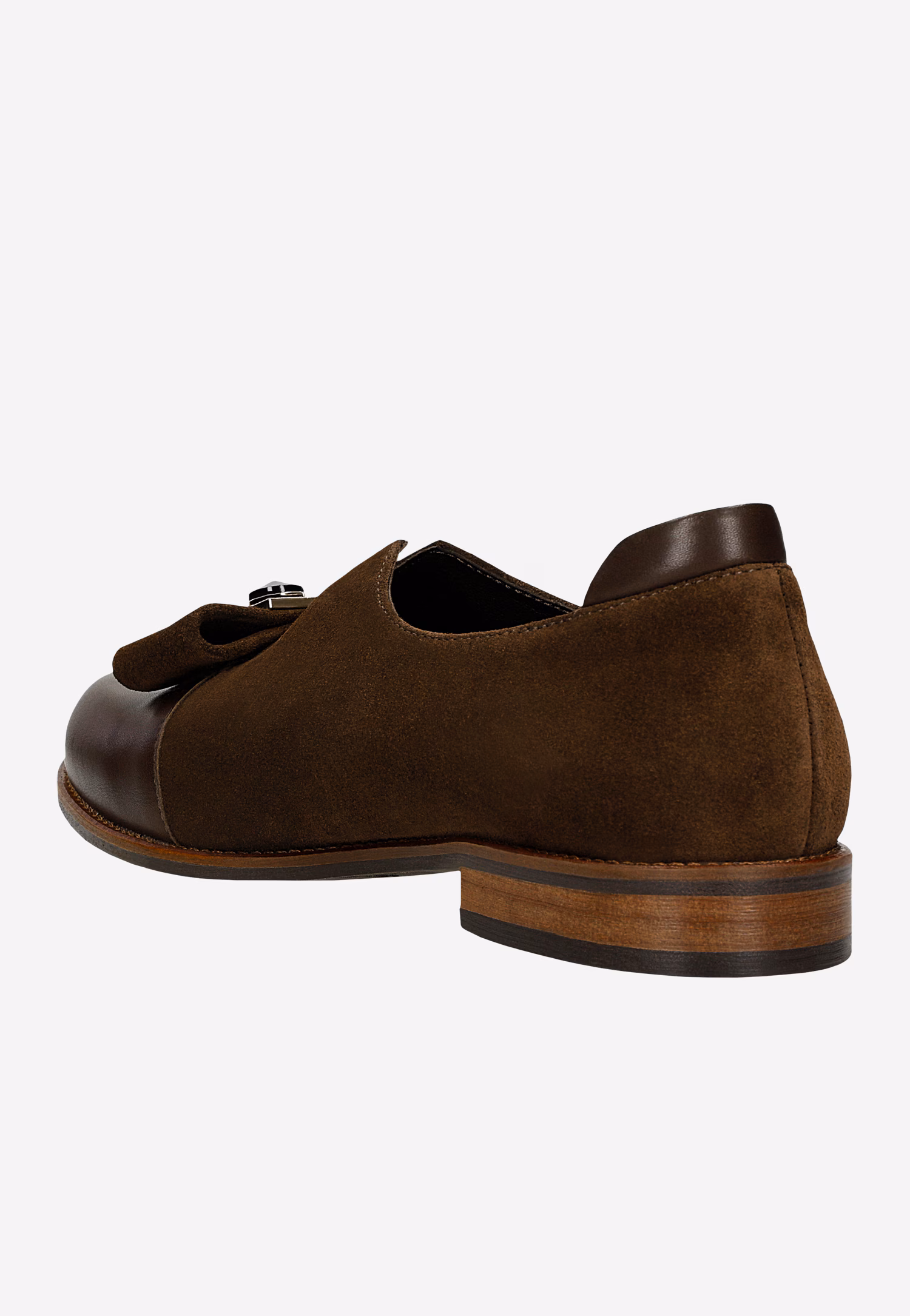 Brązowe półbuty z ozdobną kokardą ze skóry licowej i dwoiny welurowej