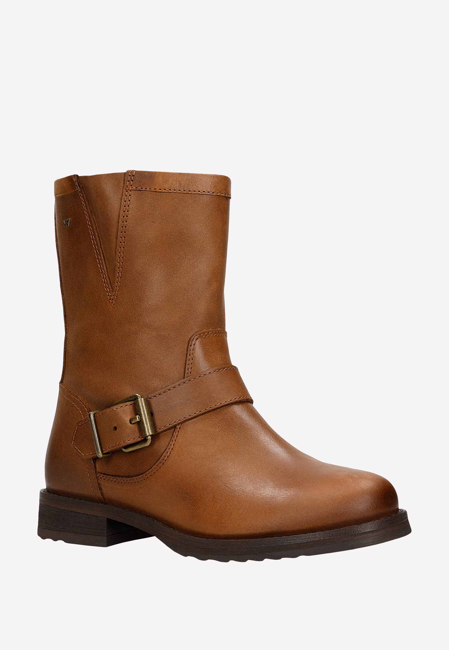 Jasnobrązowe botki zapinane na zamek z ozdobną klamerką