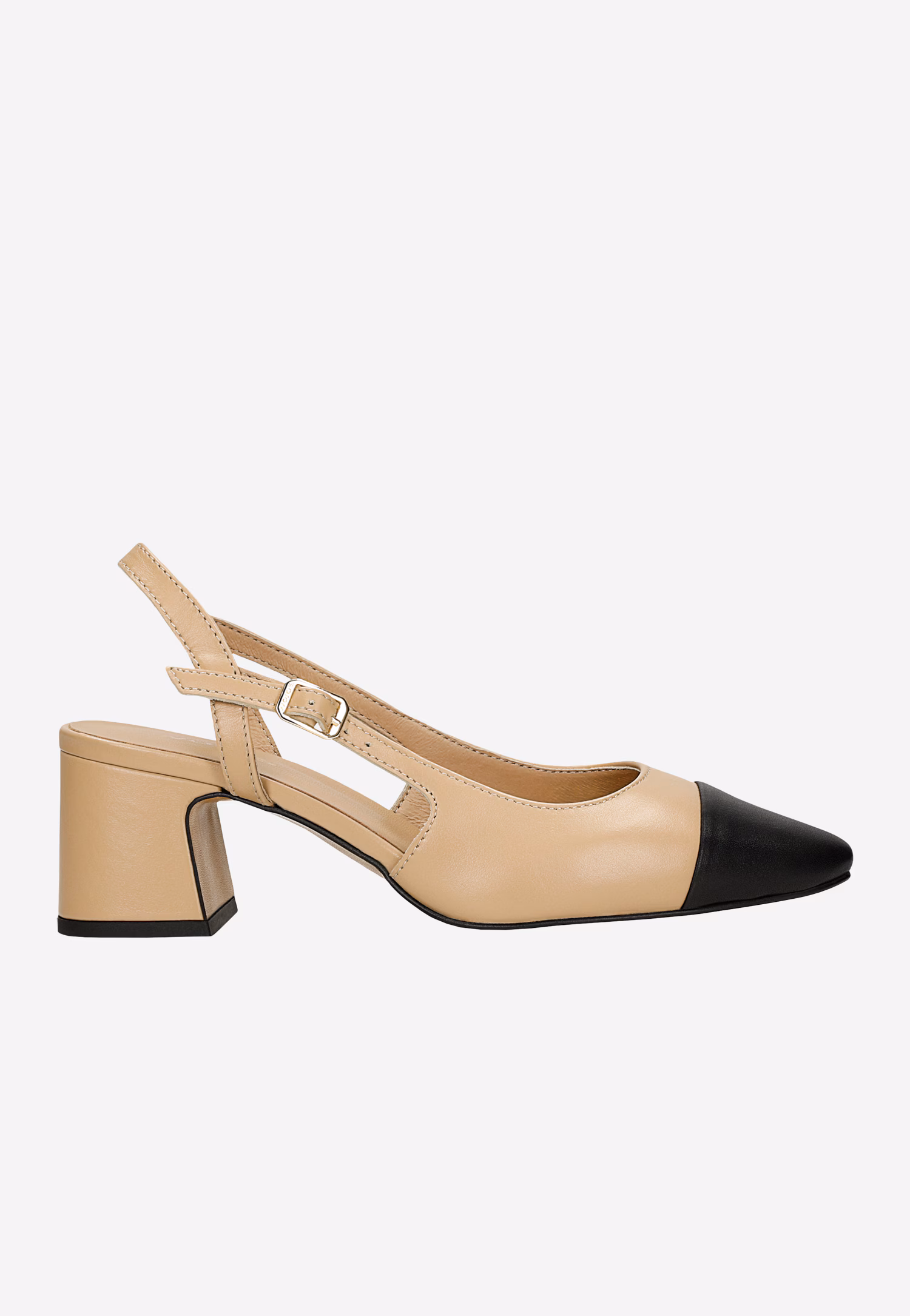 Beżowe skórzane czółenka na słupku z czarnym noskiem