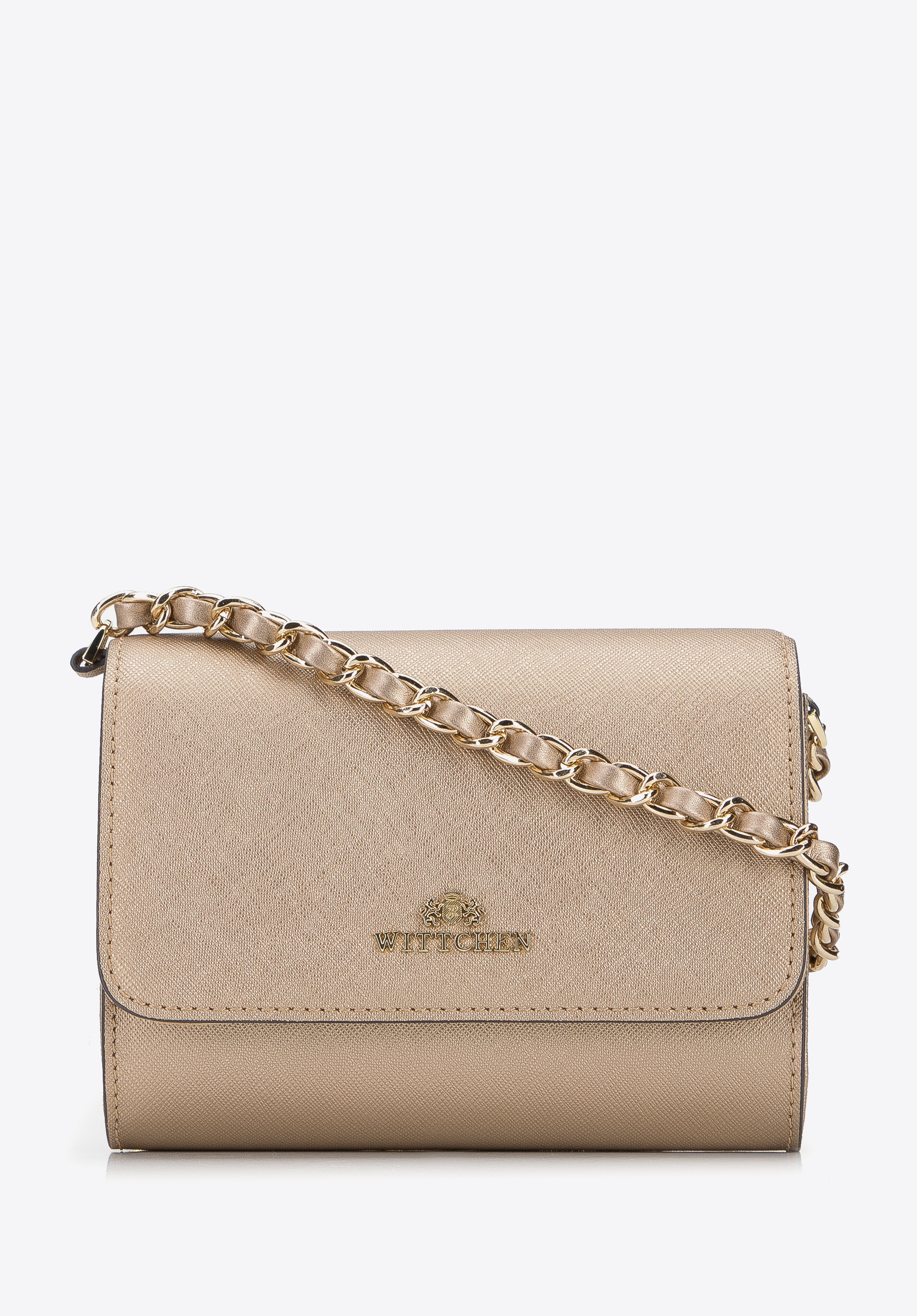 Minitorebka wieczorowa ze skóry saffiano na łańcuszku